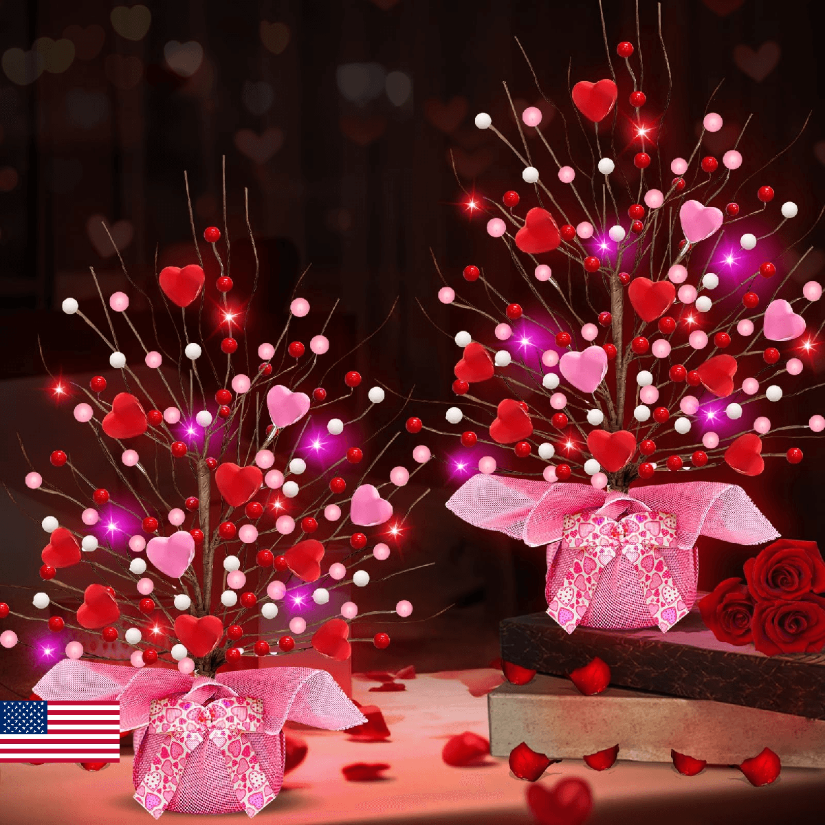 Valentines Day Decorations, Timer 2 Pack 18 Inch Lighted Valentines Tree Table D - Image 1