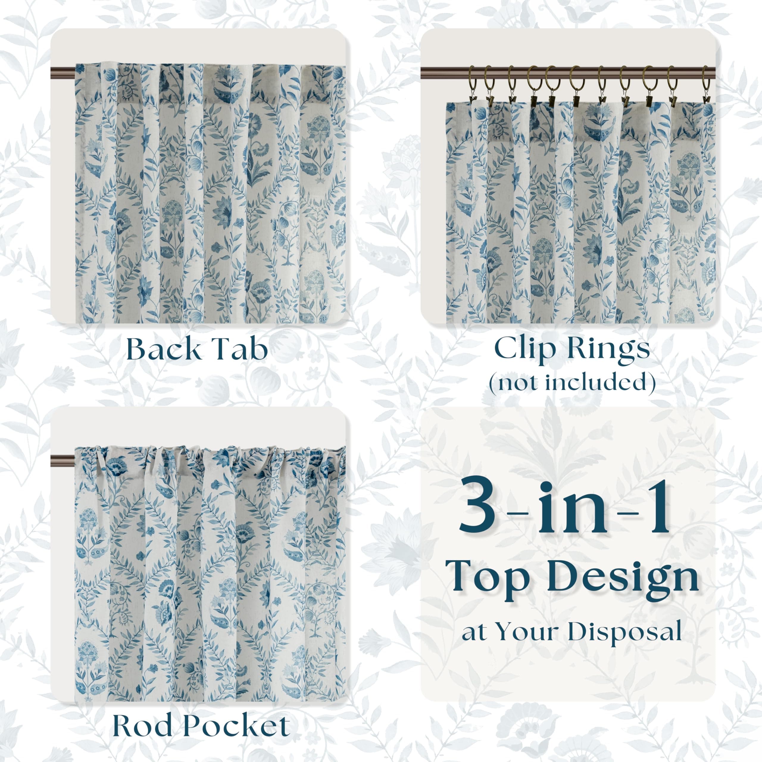 Blue Floral Linen Curtains 72 Inch Length 2 Panels Set Patterned Semi Sheer Curt - Thumbnail 4
