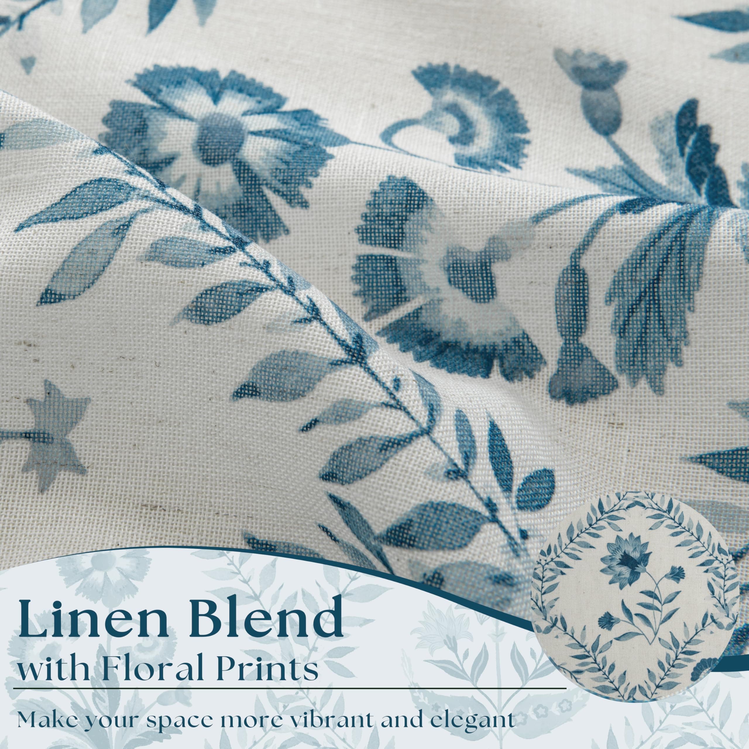 Blue Floral Linen Curtains 72 Inch Length 2 Panels Set Patterned Semi Sheer Curt - Thumbnail 3