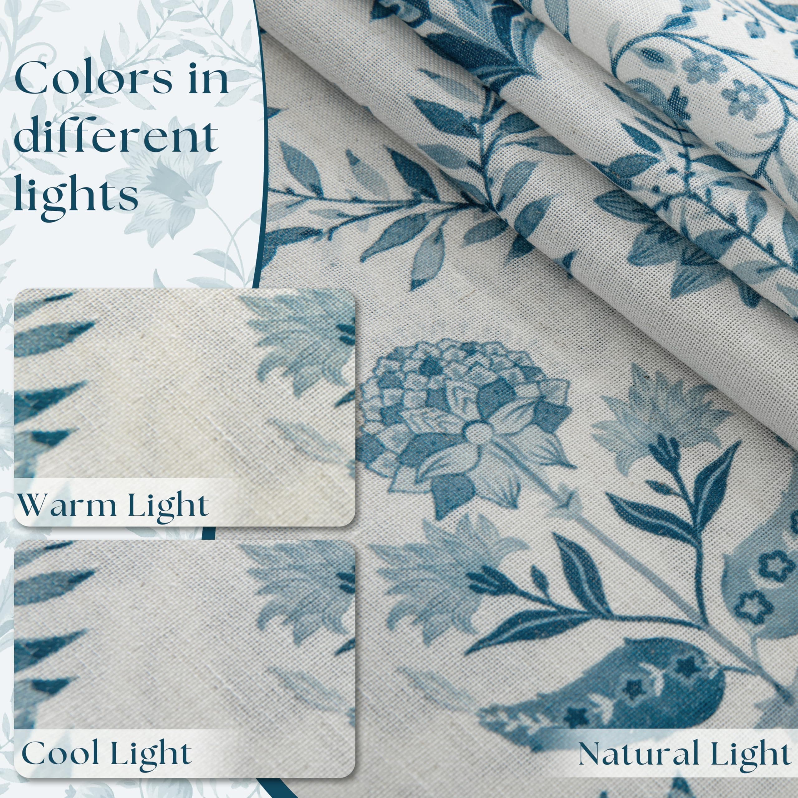 Blue Floral Linen Curtains 72 Inch Length 2 Panels Set Patterned Semi Sheer Curt - Thumbnail 5