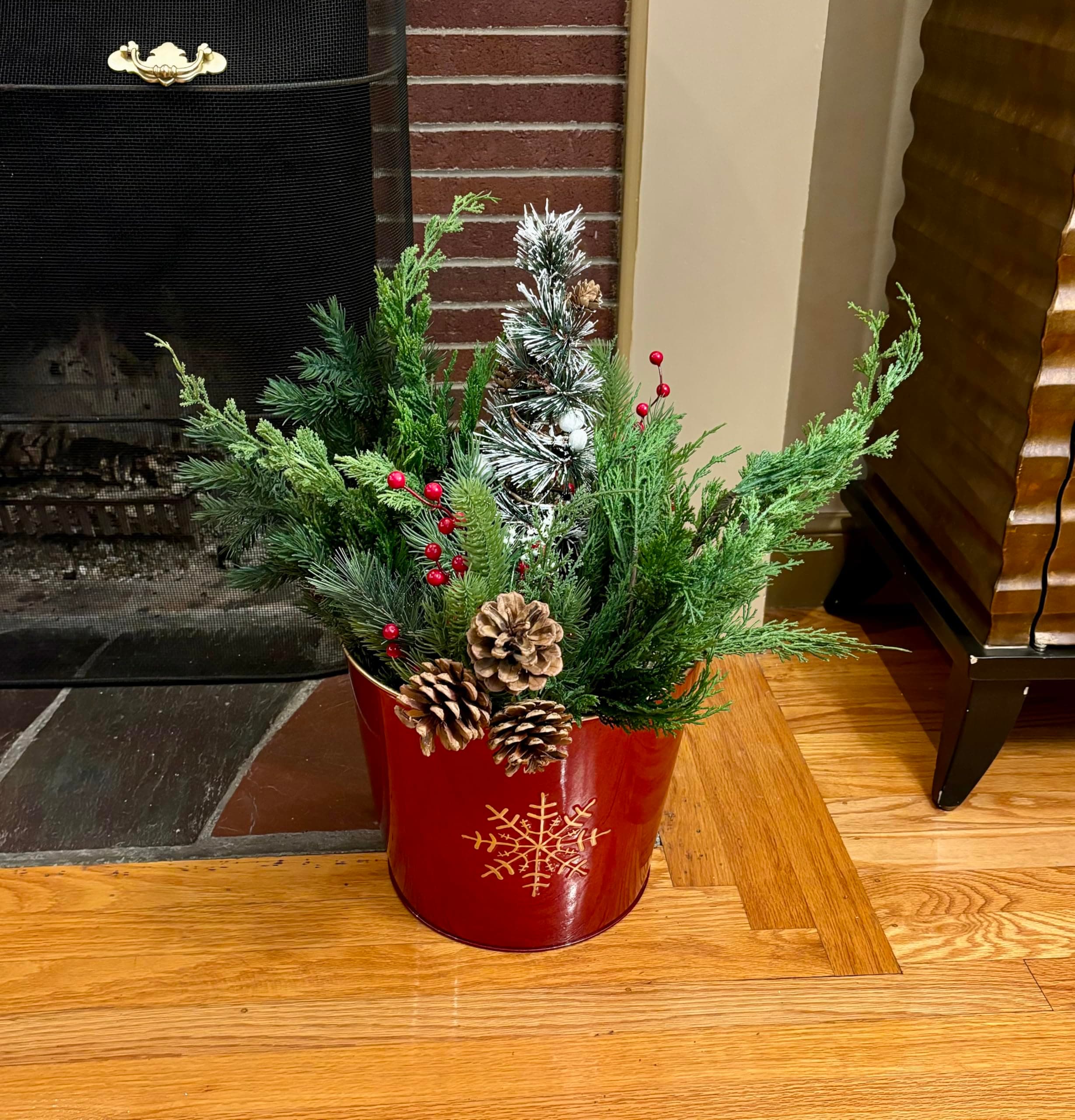 Red Galvanized Metal Christmas Planter Bucket with Snowflake Design, 7.5" Height - Thumbnail 3