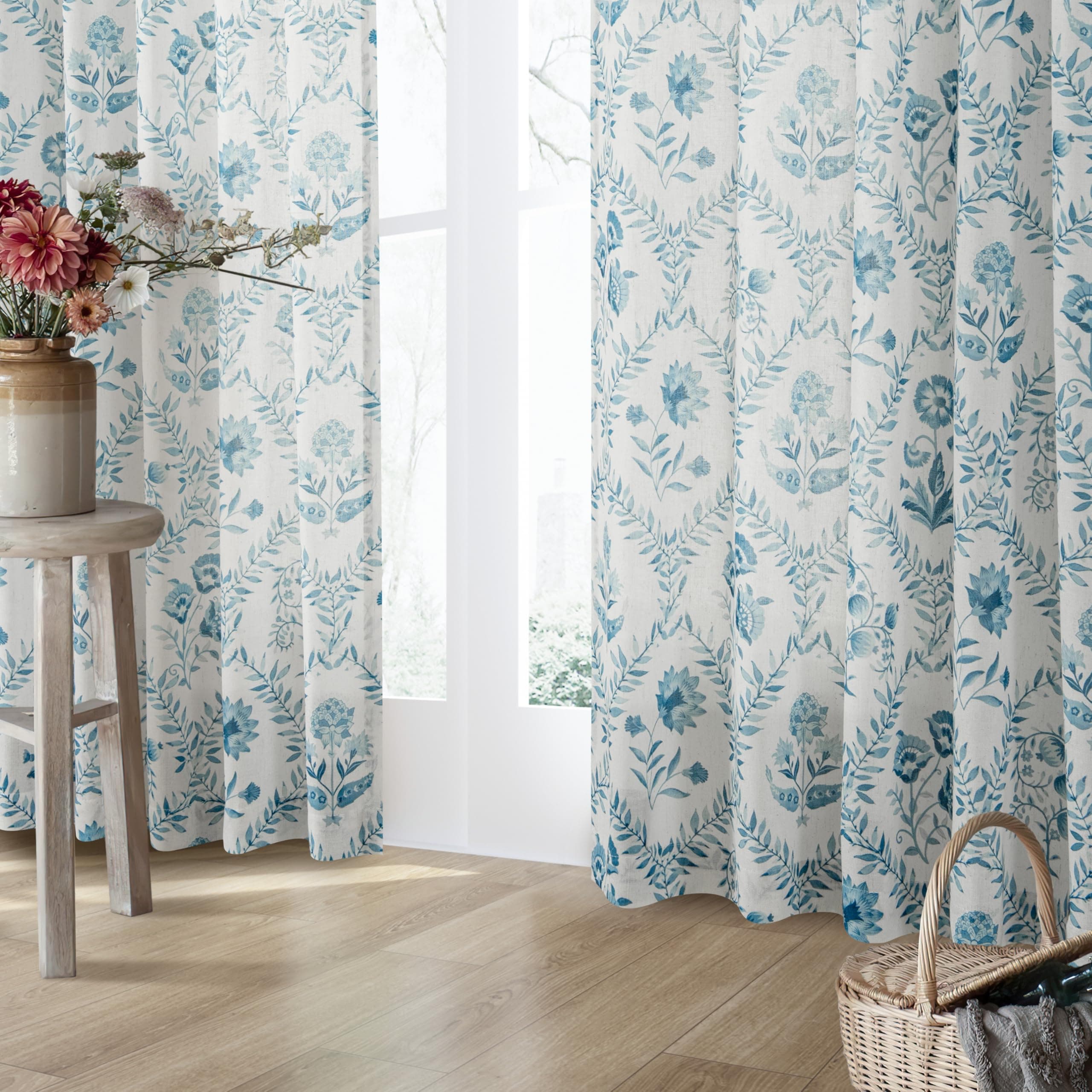 Blue Floral Linen Curtains 72 Inch Length 2 Panels Set Patterned Semi Sheer Curt - Thumbnail 6