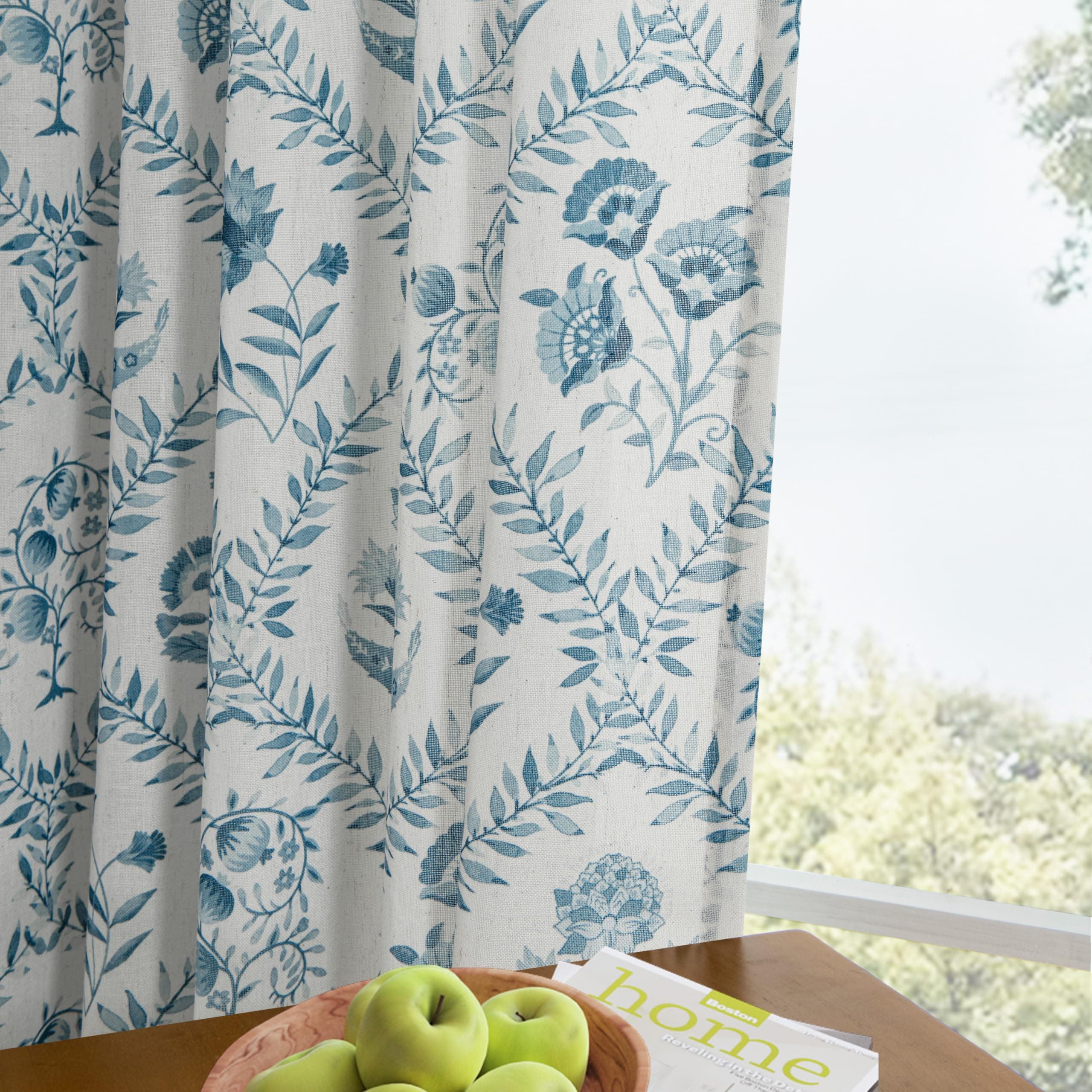 Blue Floral Linen Curtains 72 Inch Length 2 Panels Set Patterned Semi Sheer Curt - Thumbnail 2