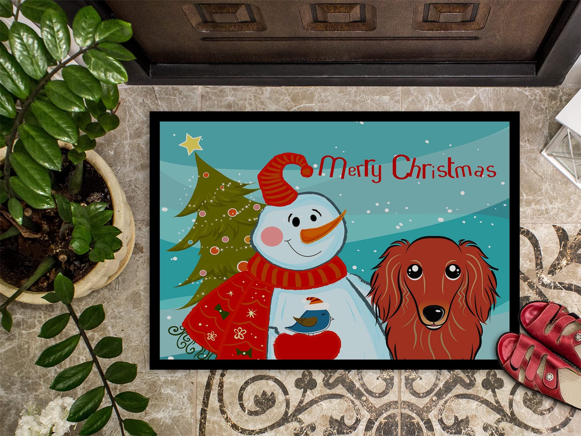 Caroline's Treasures BB1834MAT Snowman with Longhair Red Dachshund Doormat 18x27 - Thumbnail 3