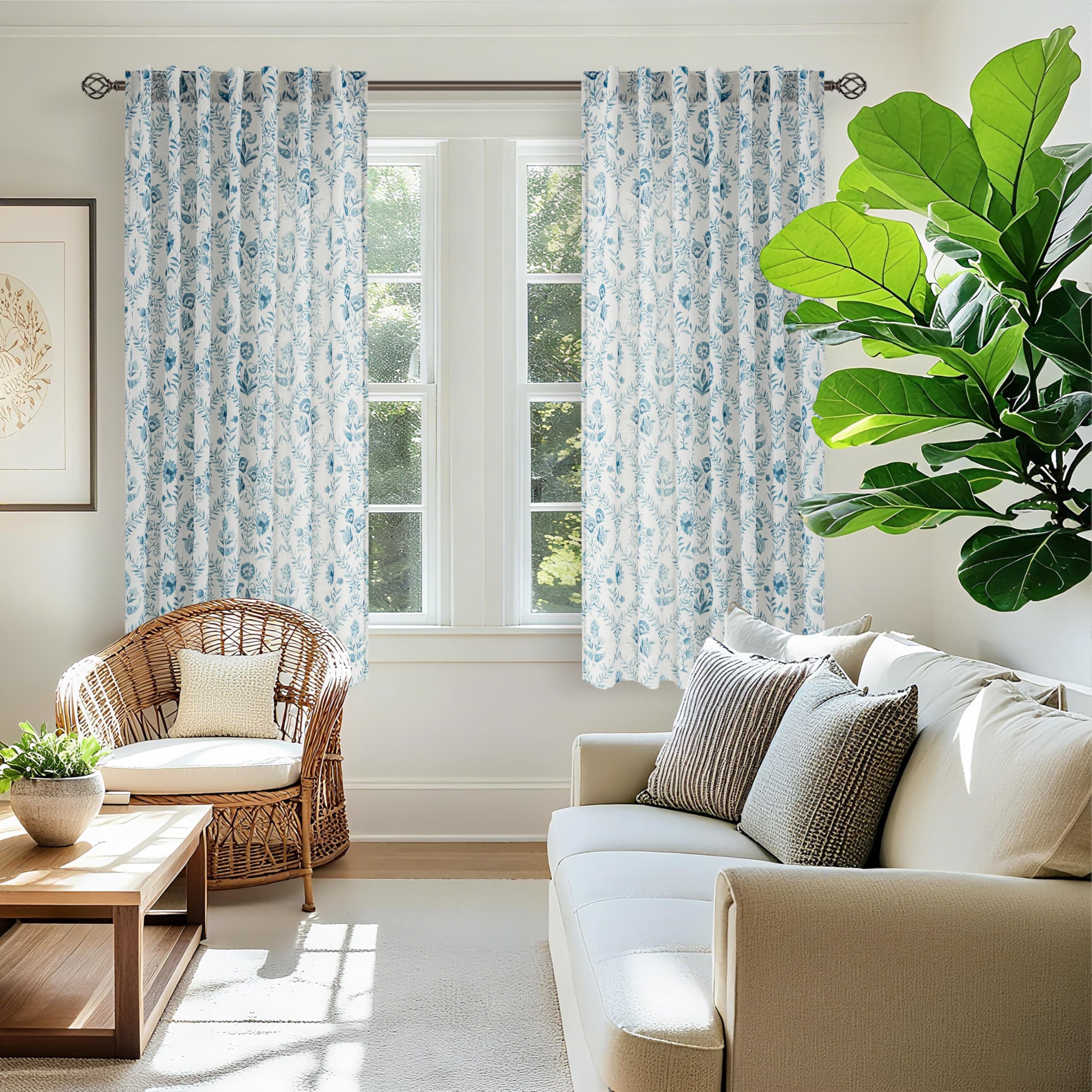 Blue Floral Linen Curtains 72 Inch Length 2 Panels Set Patterned Semi Sheer Curt - Thumbnail 7