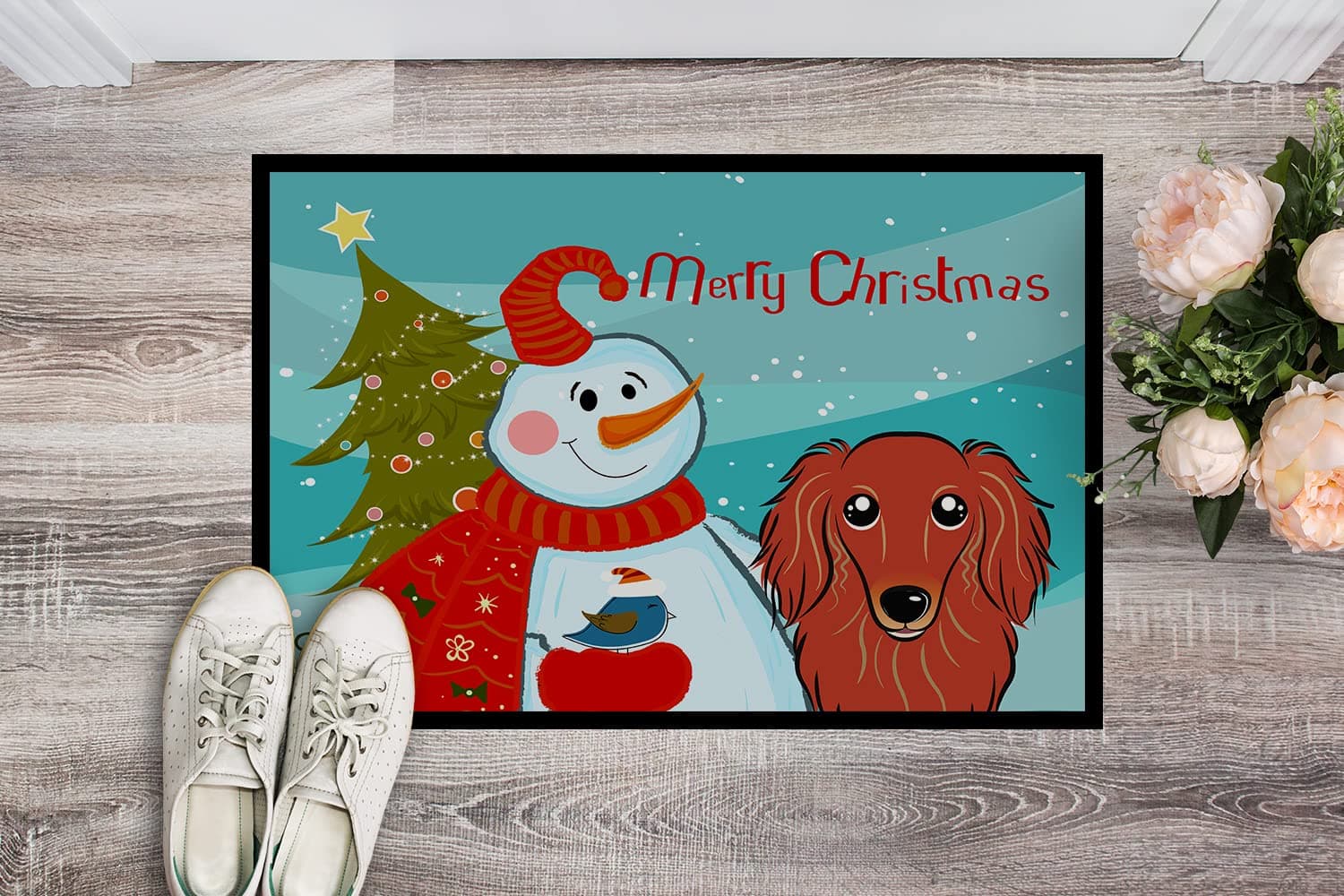 Caroline's Treasures BB1834MAT Snowman with Longhair Red Dachshund Doormat 18x27 - Thumbnail 2