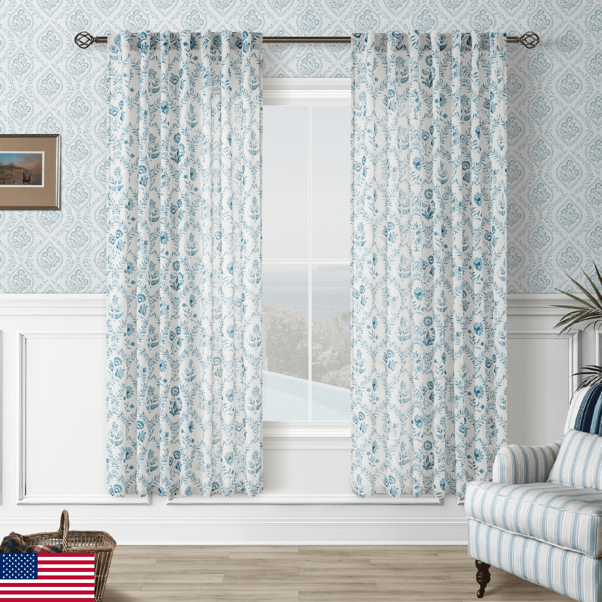 Blue Floral Linen Curtains 72 Inch Length 2 Panels Set Patterned Semi Sheer Curt - Image 1