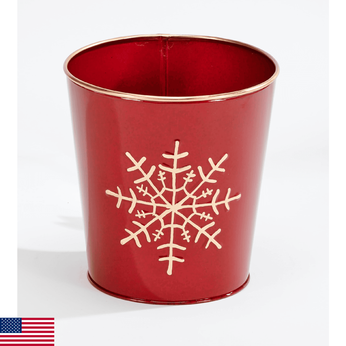 Red Galvanized Metal Christmas Planter Bucket with Snowflake Design, 7.5" Height - Image 1