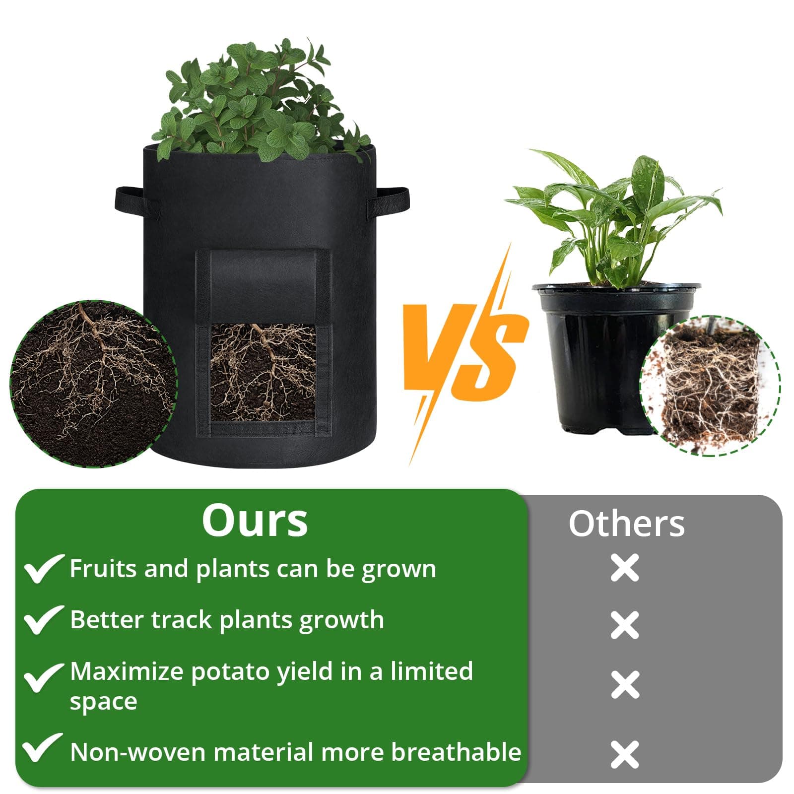 GOTGELIF 6 Pack 10 Gallon Potato Grow Bags with Flap, Thickened Nonwoven Fabric - Thumbnail 6