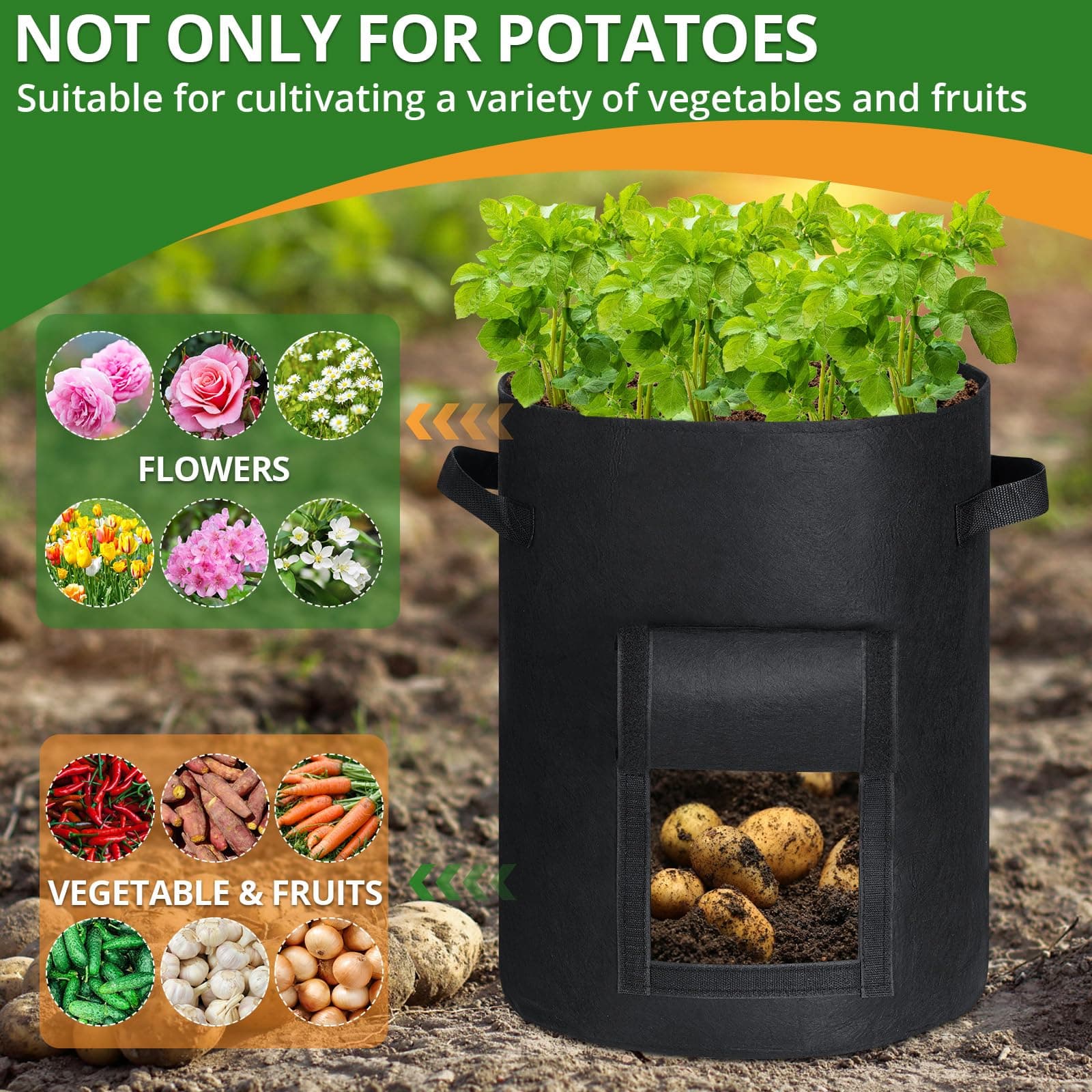 GOTGELIF 6 Pack 10 Gallon Potato Grow Bags with Flap, Thickened Nonwoven Fabric - Thumbnail 5