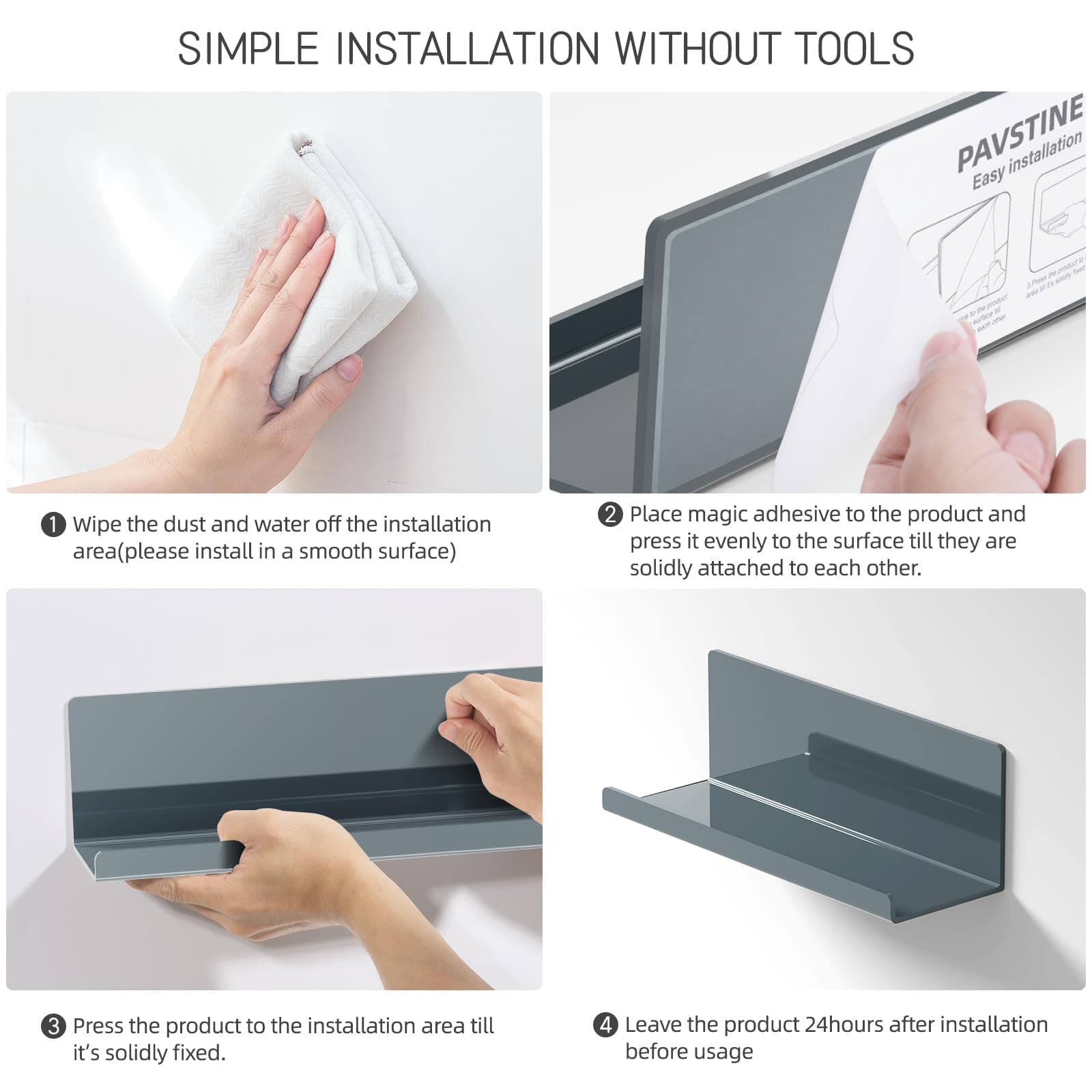PAVSTINE Adhesive Floating Shelves for Wall No Drilling, 12 Inch Acrylic Self Ad - Thumbnail 7