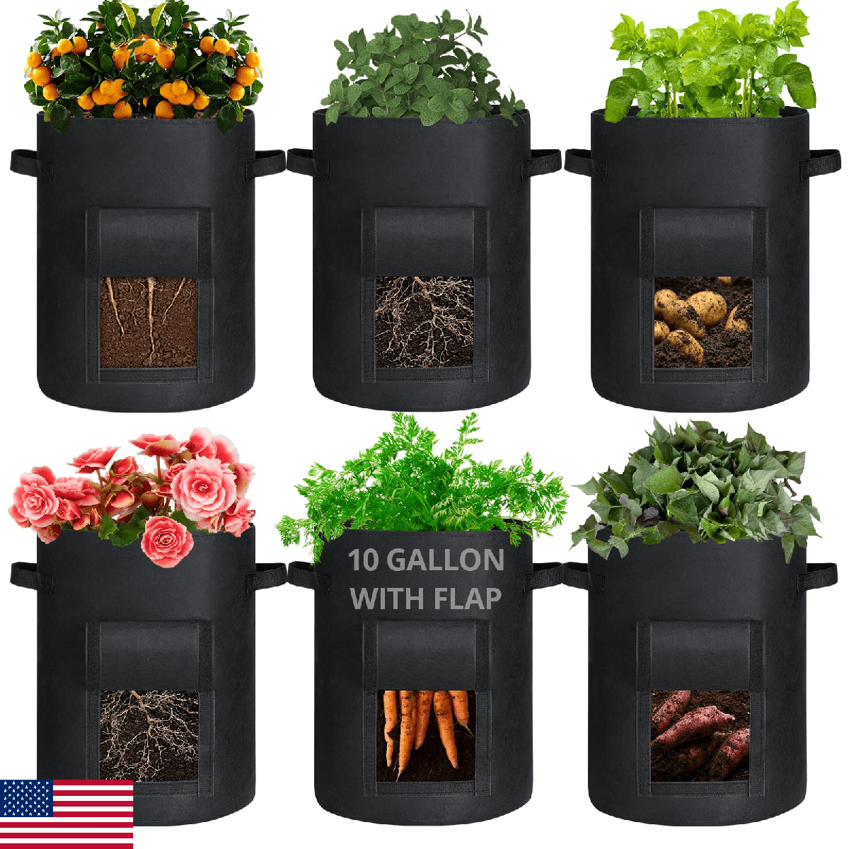 GOTGELIF 6 Pack 10 Gallon Potato Grow Bags with Flap, Thickened Nonwoven Fabric - Image 1