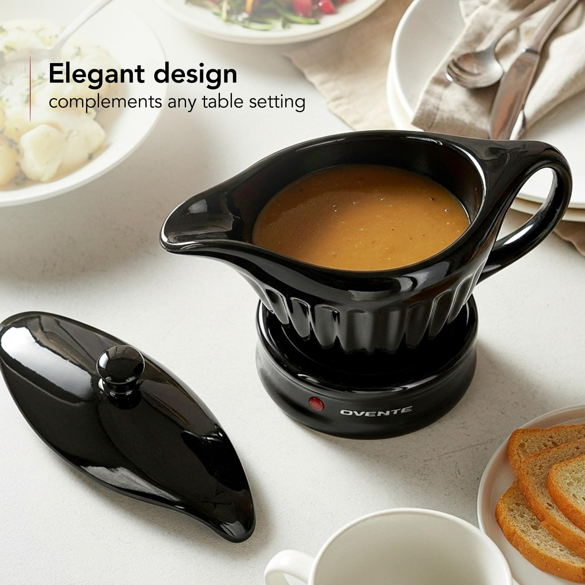 OVENTE Electric Gravy Boat Warmer with Ceramic Pot and Lid, Detachable Warming B - Thumbnail 5