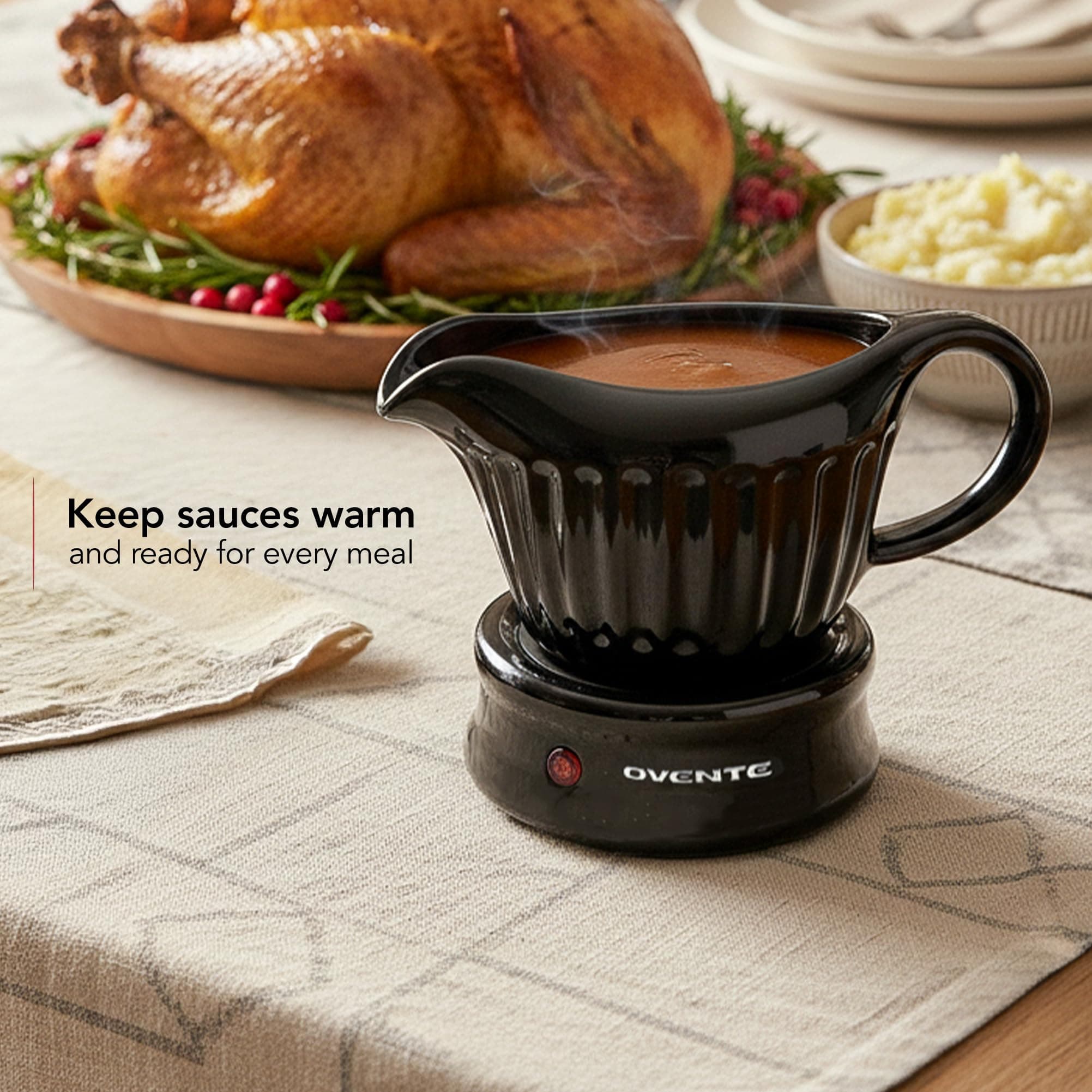 OVENTE Electric Gravy Boat Warmer with Ceramic Pot and Lid, Detachable Warming B - Thumbnail 2