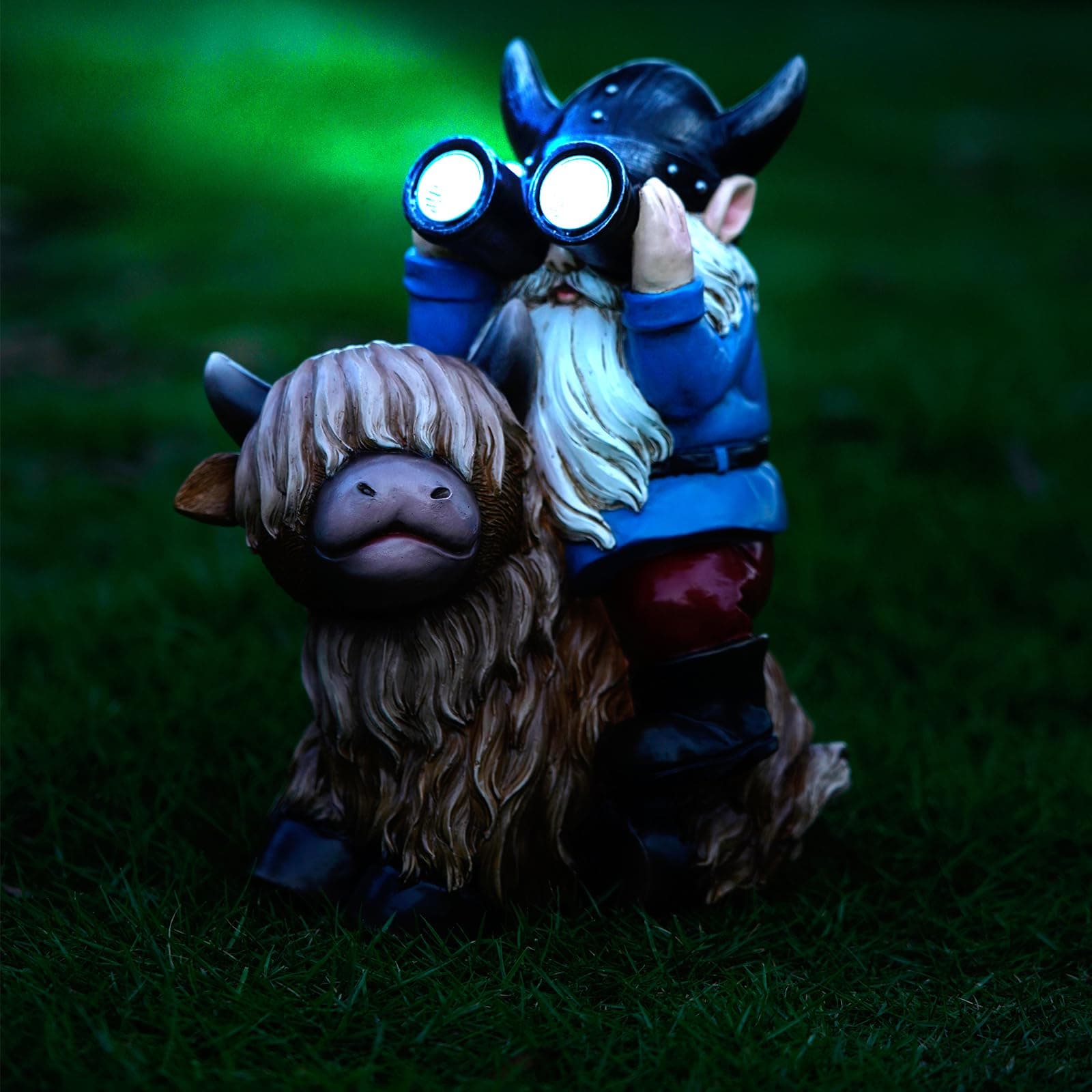 Joint Honglin Garden Gnome Statues Resin Gnome Sitting on Highland Cow Solar LED - Thumbnail 3