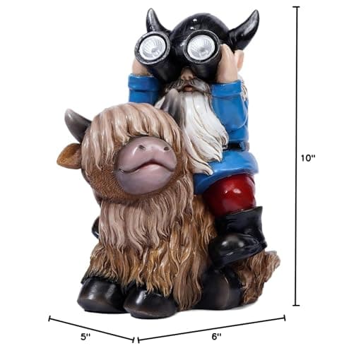 Joint Honglin Garden Gnome Statues Resin Gnome Sitting on Highland Cow Solar LED - Thumbnail 9