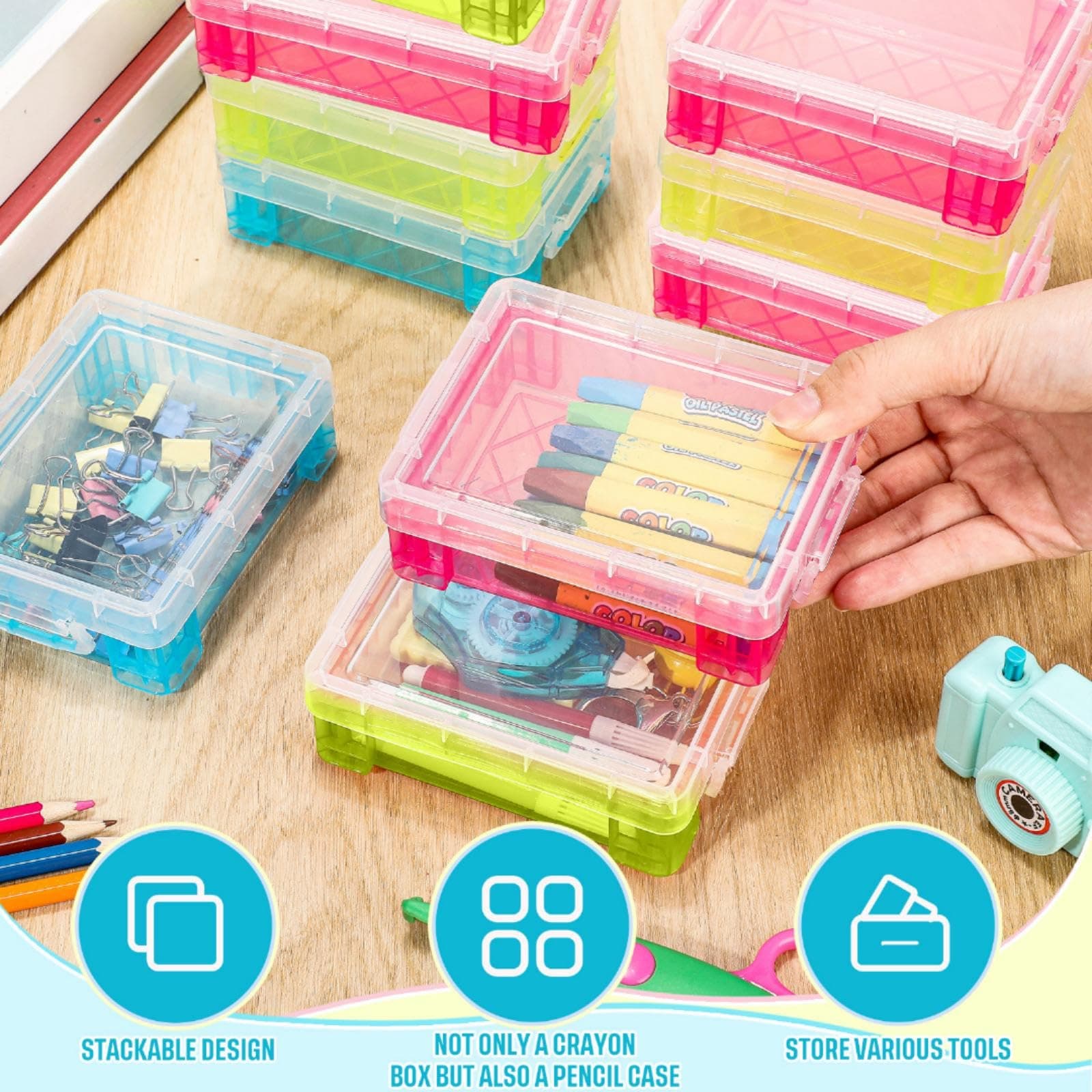Suzile 25 Pcs Plastic Crayon Boxes with Snap Lids Crayon Storage Organizer Stack - Thumbnail 4