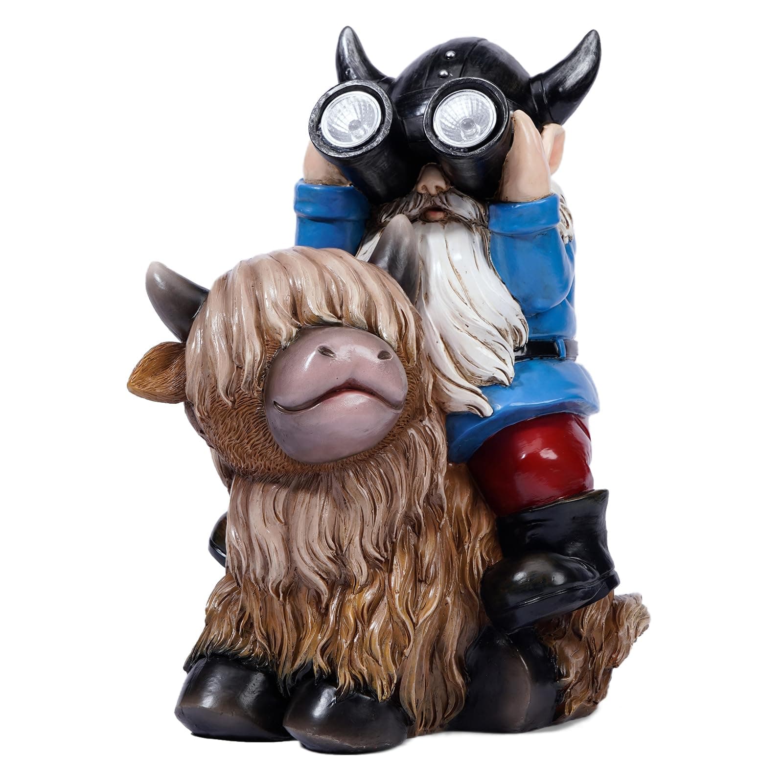 Joint Honglin Garden Gnome Statues Resin Gnome Sitting on Highland Cow Solar LED - Thumbnail 5