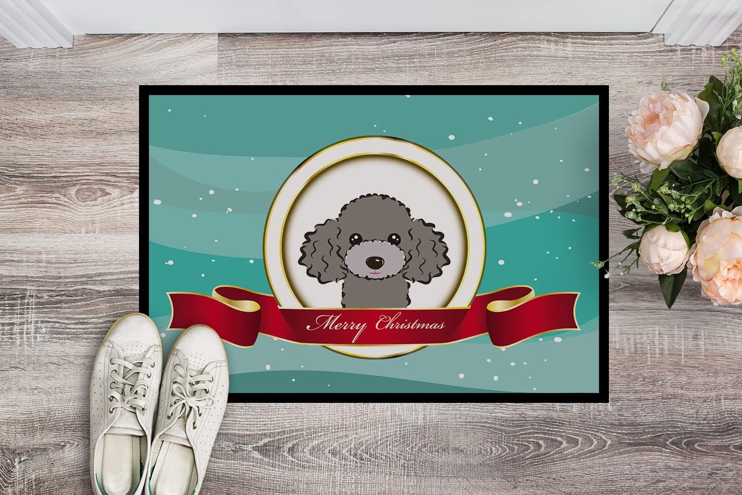 Caroline's Treasures BB1569MAT Silver Gray Poodle Merry Christmas Doormat 18x27 - Thumbnail 2