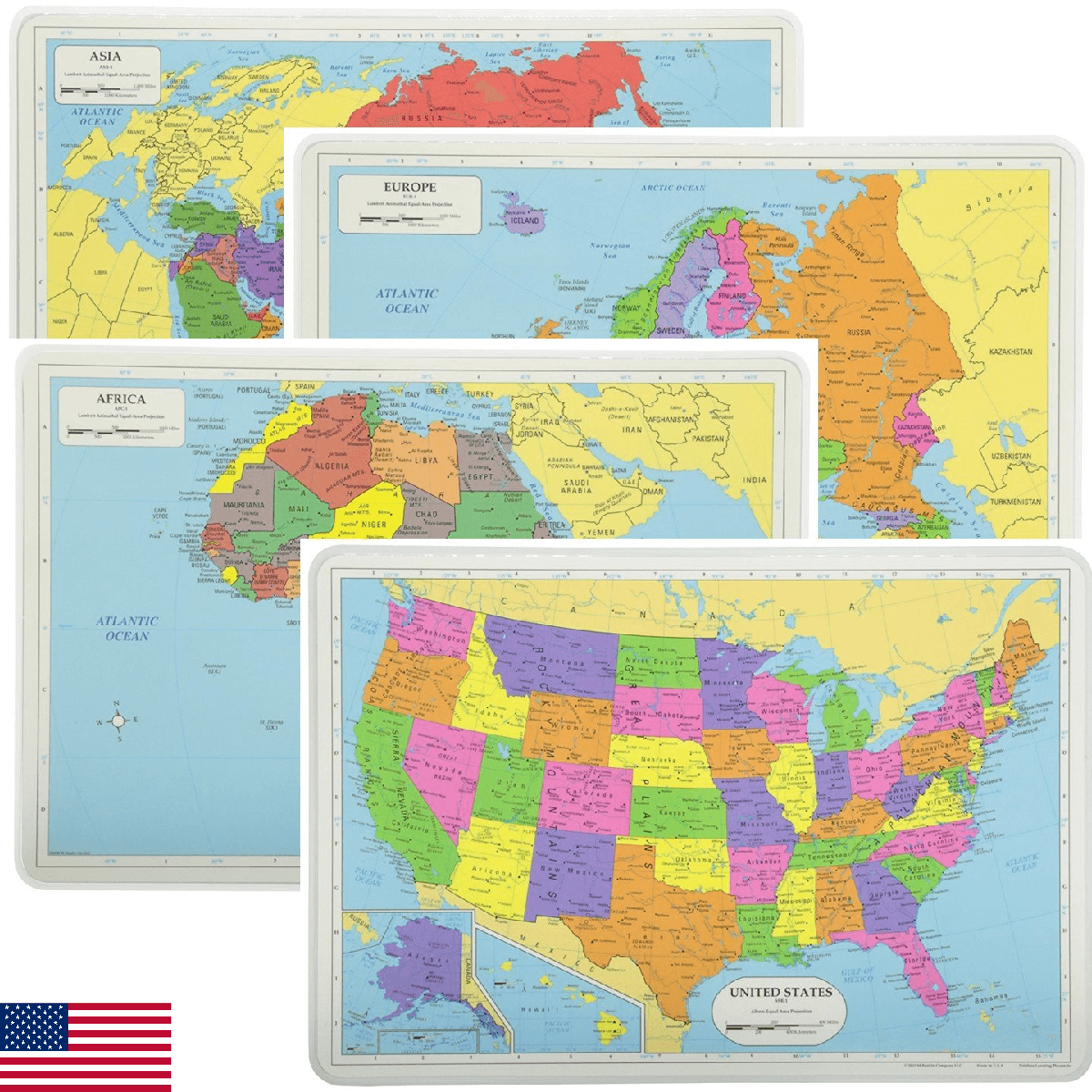 Painless Learning Educational Placemats Sets USA Africa Asia and Europe Maps Non - Image 1