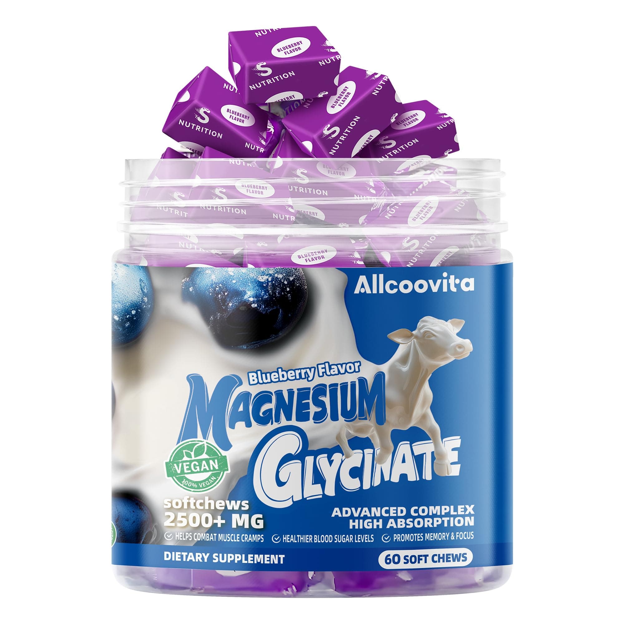 Magnesium Glycinate Soft Chews, Blueberry Flavor.Chewable Sugar Free Potassium M - Thumbnail 3