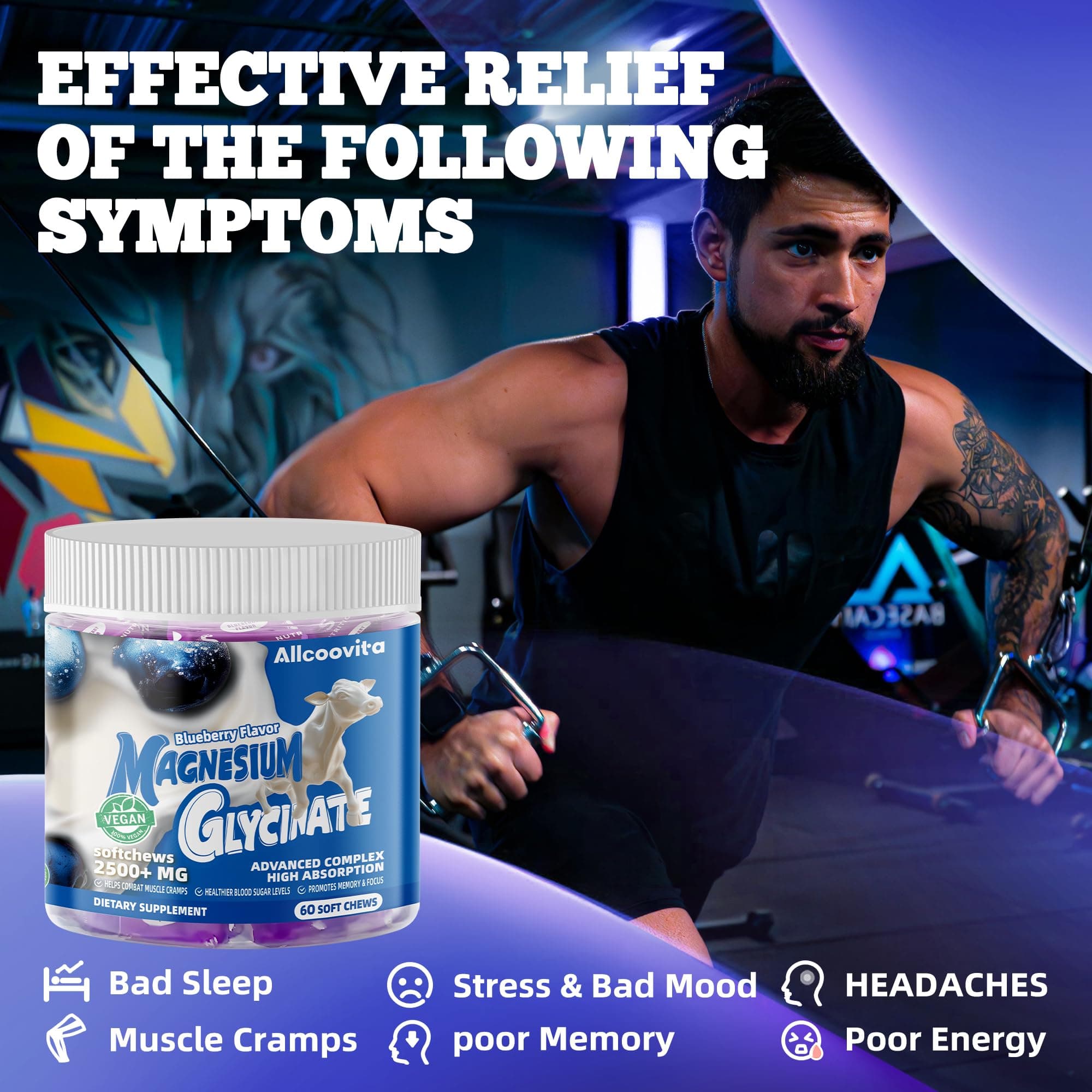 Magnesium Glycinate Soft Chews, Blueberry Flavor.Chewable Sugar Free Potassium M - Thumbnail 5