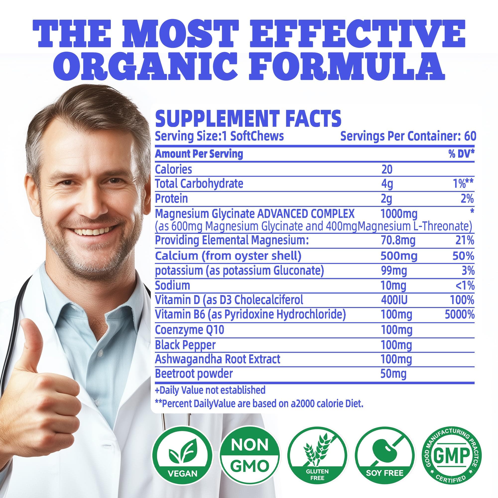 Magnesium Glycinate Soft Chews, Blueberry Flavor.Chewable Sugar Free Potassium M - Thumbnail 6