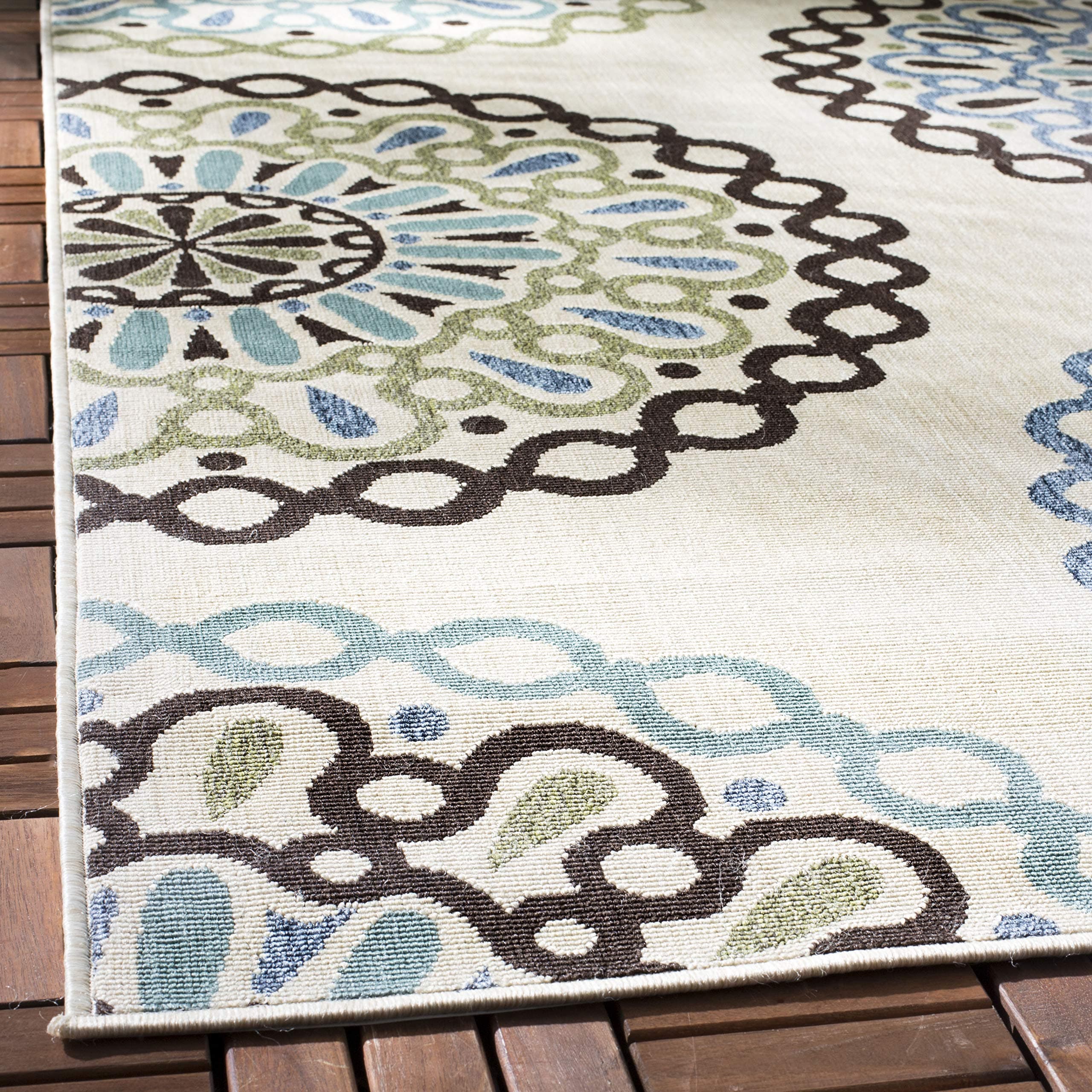SAFAVIEH Washable Rug Outdoor Veranda Collection 3ft Square Cream Blue Easy to C - Thumbnail 2