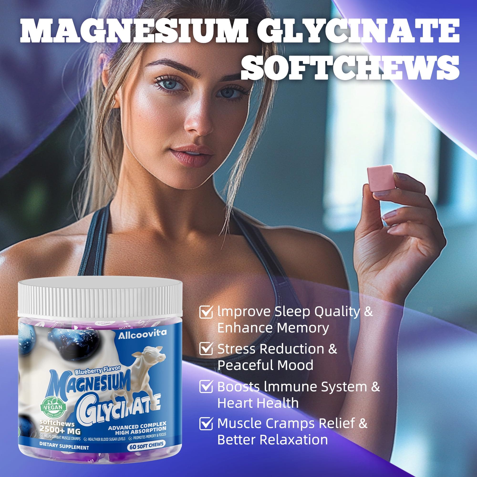 Magnesium Glycinate Soft Chews, Blueberry Flavor.Chewable Sugar Free Potassium M - Thumbnail 9