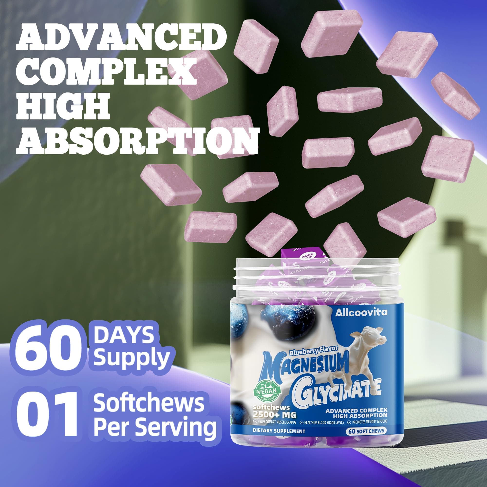 Magnesium Glycinate Soft Chews, Blueberry Flavor.Chewable Sugar Free Potassium M - Thumbnail 8