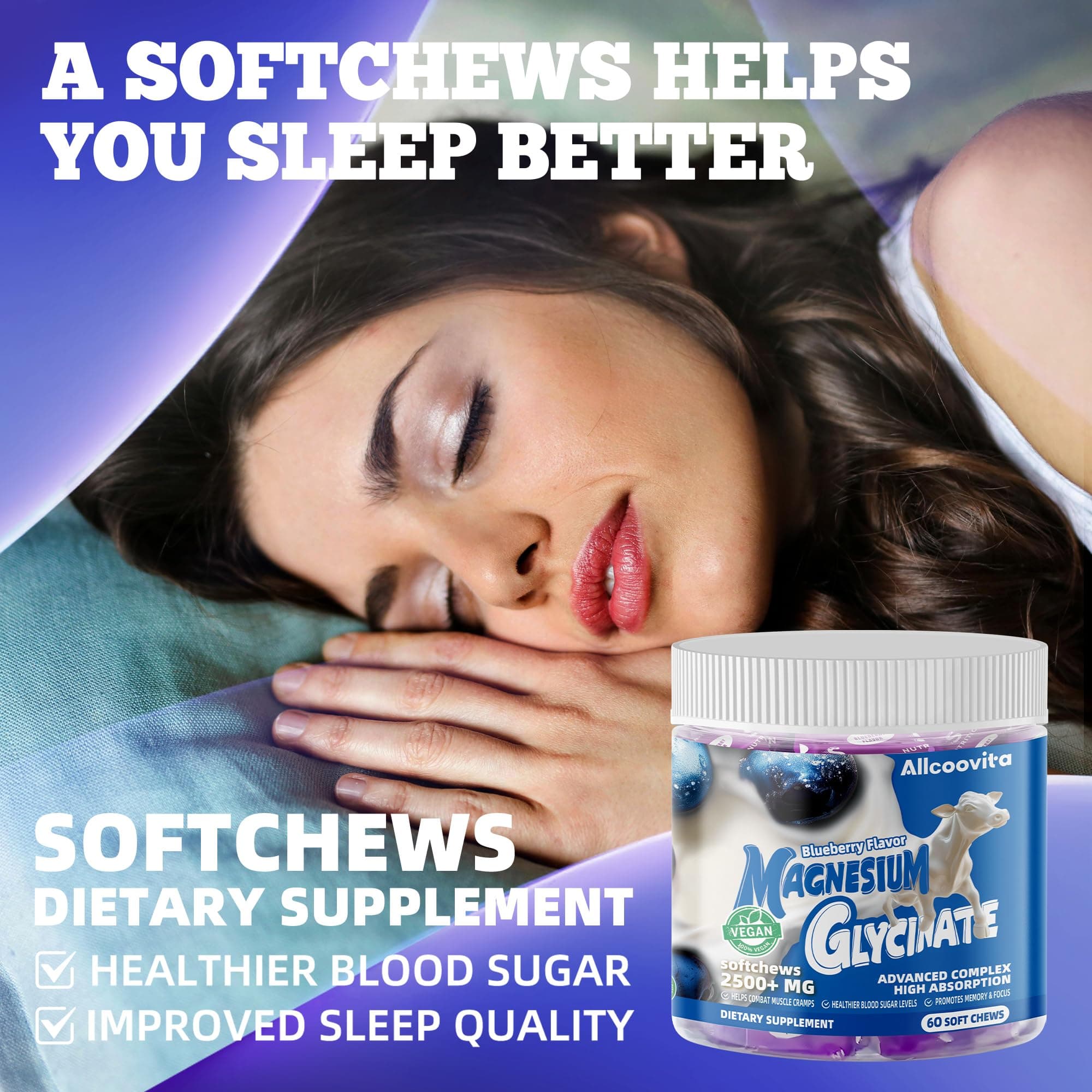 Magnesium Glycinate Soft Chews, Blueberry Flavor.Chewable Sugar Free Potassium M - Thumbnail 7