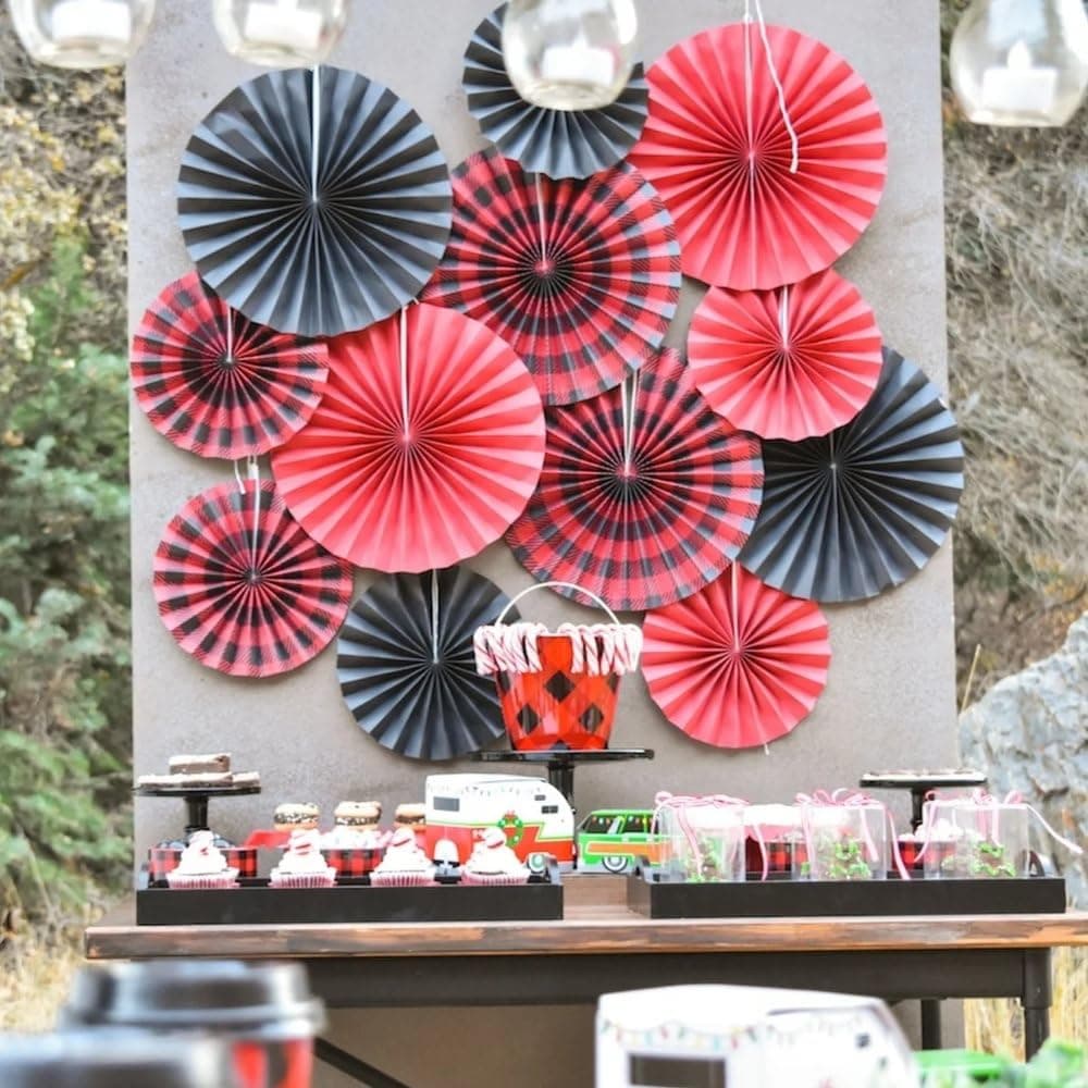 Buffalo Plaid Hanging Fan Party Decor 6 Pieces - Thumbnail 3