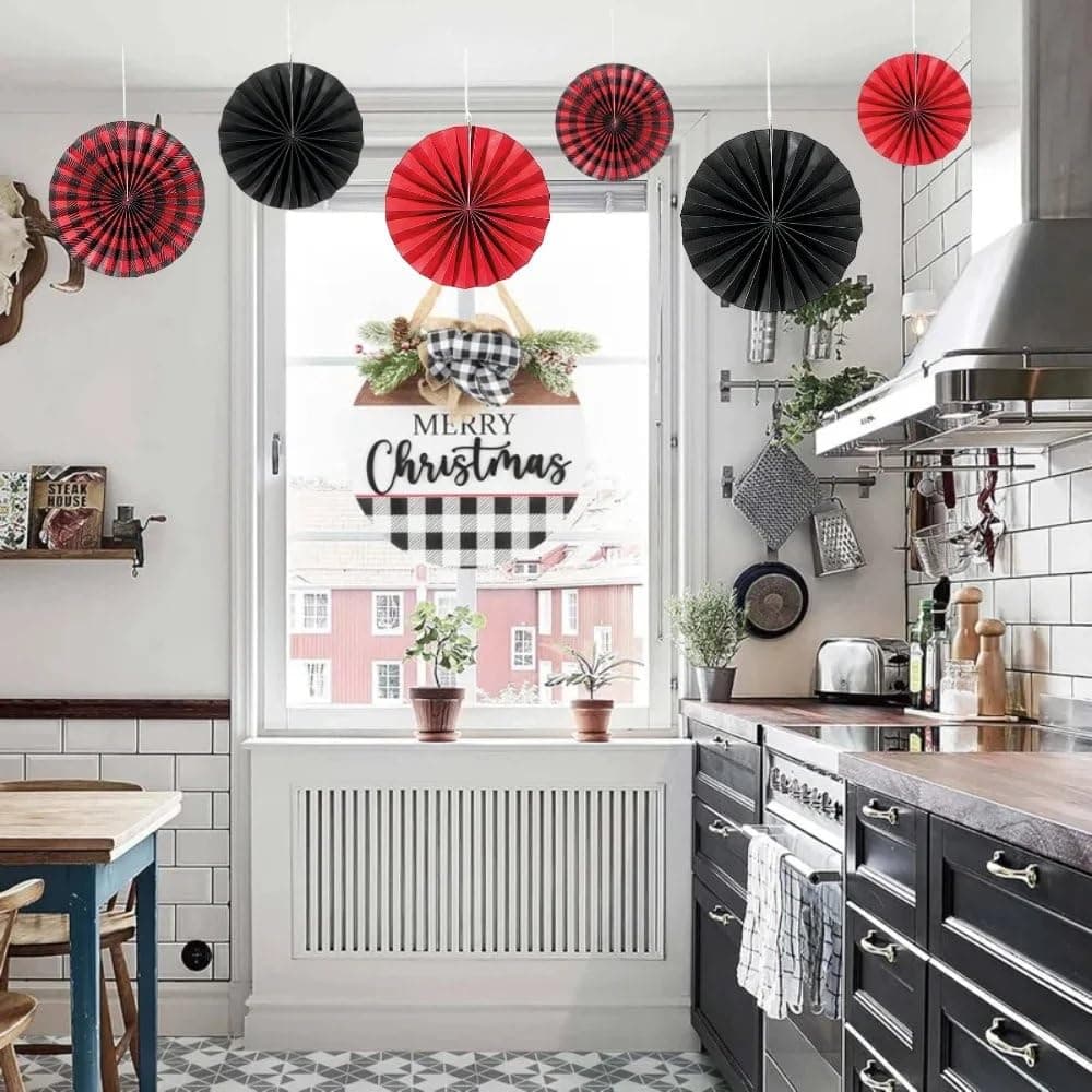 Buffalo Plaid Hanging Fan Party Decor 6 Pieces - Thumbnail 5