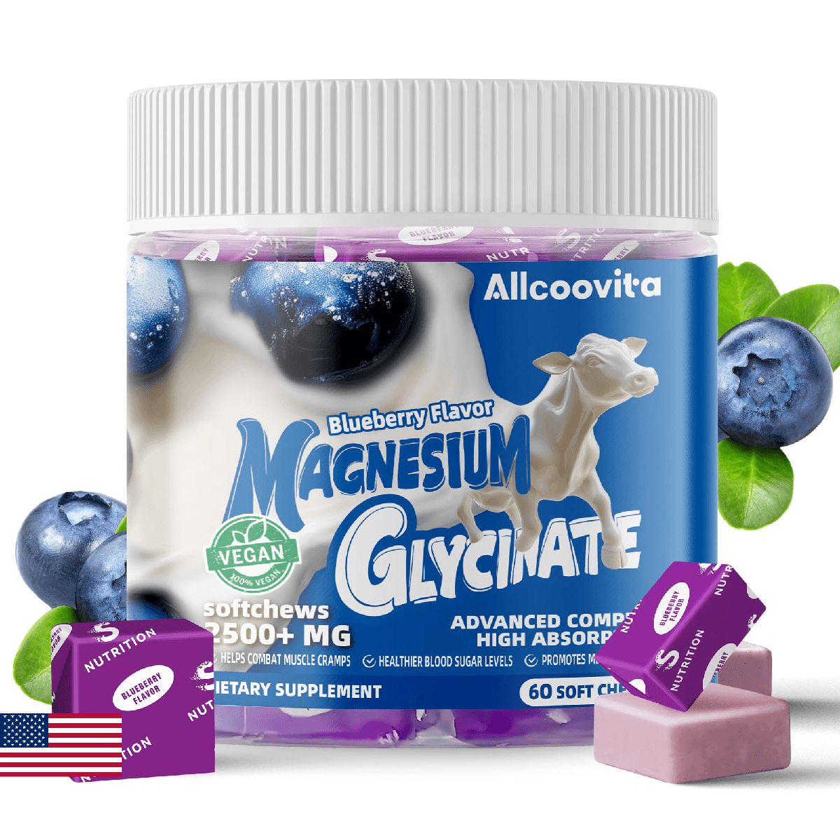 Magnesium Glycinate Soft Chews, Blueberry Flavor.Chewable Sugar Free Potassium M - Image 1