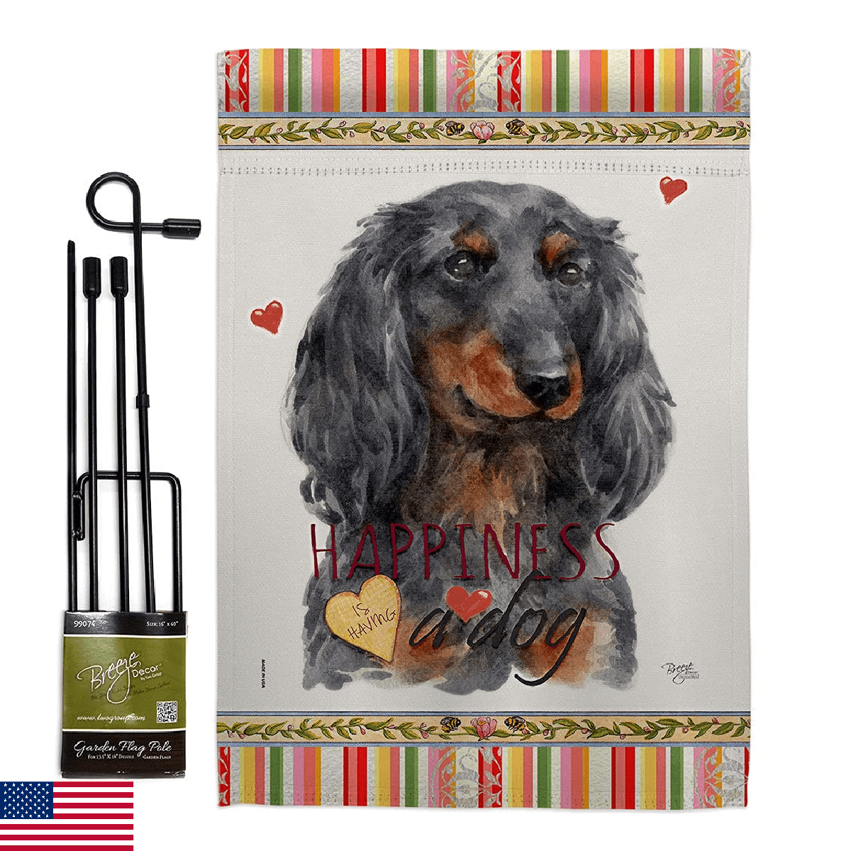 Breeze Decor Blue Long Hair Dachshund Happiness Garden Flag-Set with Stand Dog P - Image 1