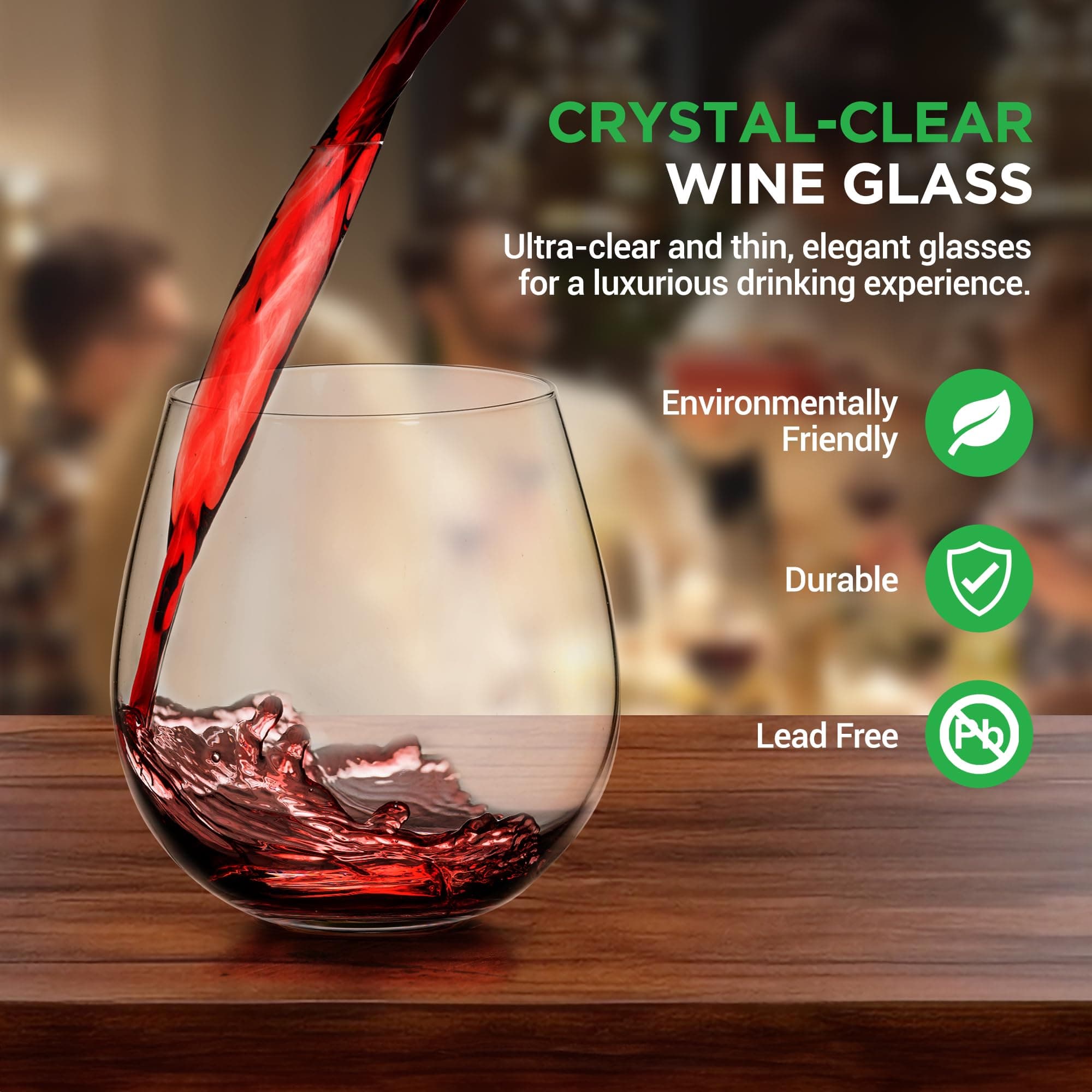 NutriChef 8-Piece Stemless Wine Glasses Set, 15 oz Ultra Clear Hand-Blown Glass - Thumbnail 2
