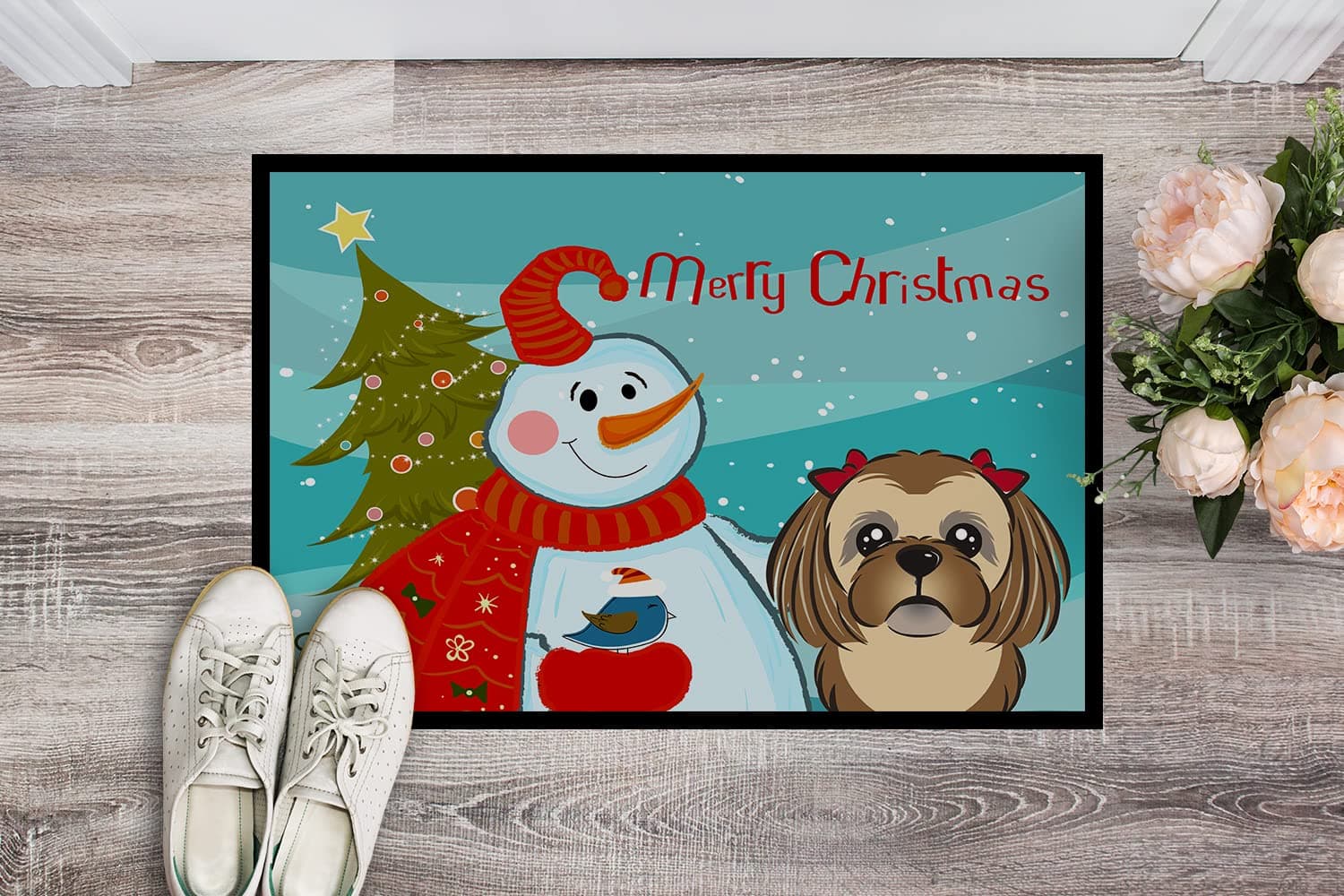 Caroline's Treasures BB1869MAT Snowman with Chocolate Brown Shih Tzu Doormat 18x - Thumbnail 2
