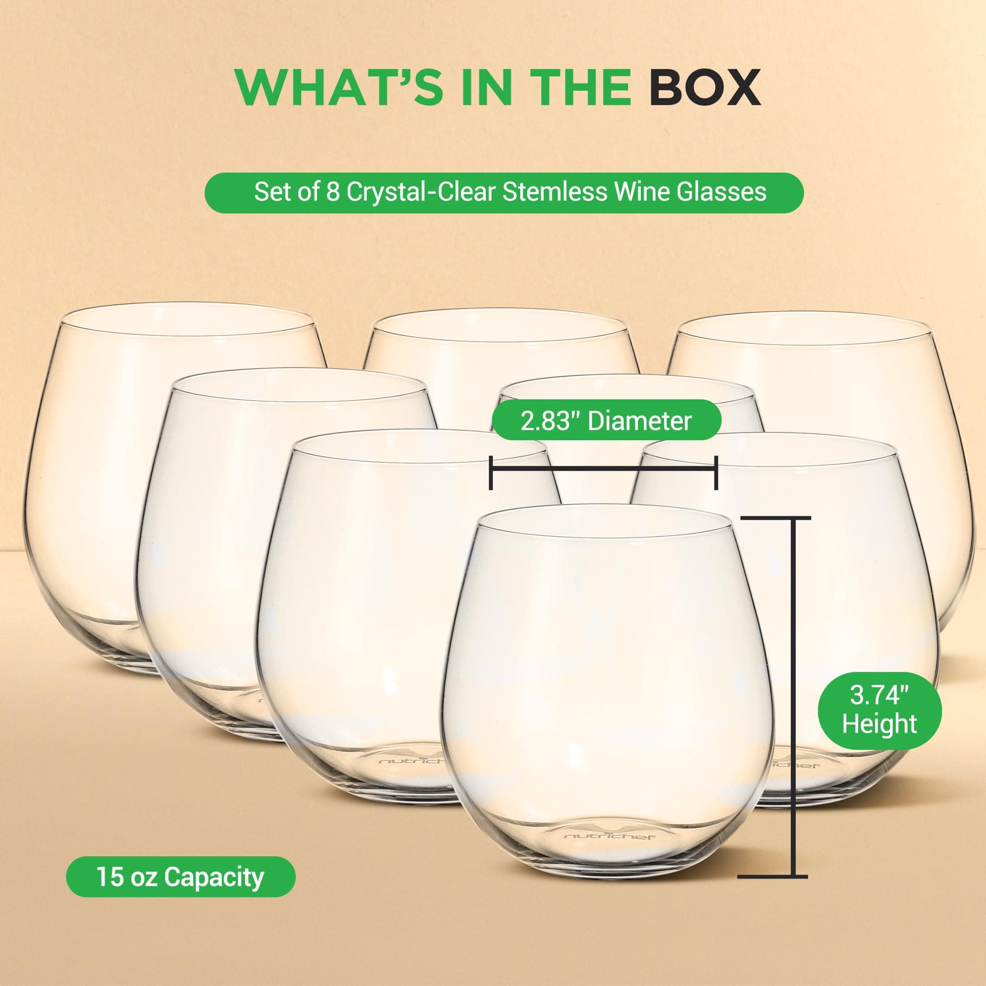 NutriChef 8-Piece Stemless Wine Glasses Set, 15 oz Ultra Clear Hand-Blown Glass - Thumbnail 7