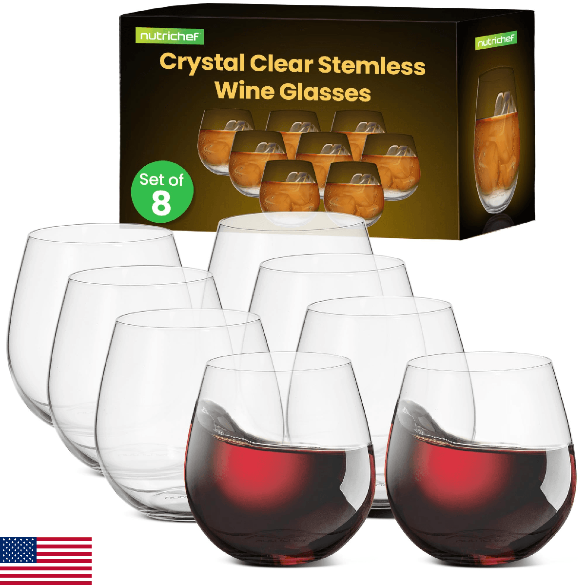 NutriChef 8-Piece Stemless Wine Glasses Set, 15 oz Ultra Clear Hand-Blown Glass - Image 1