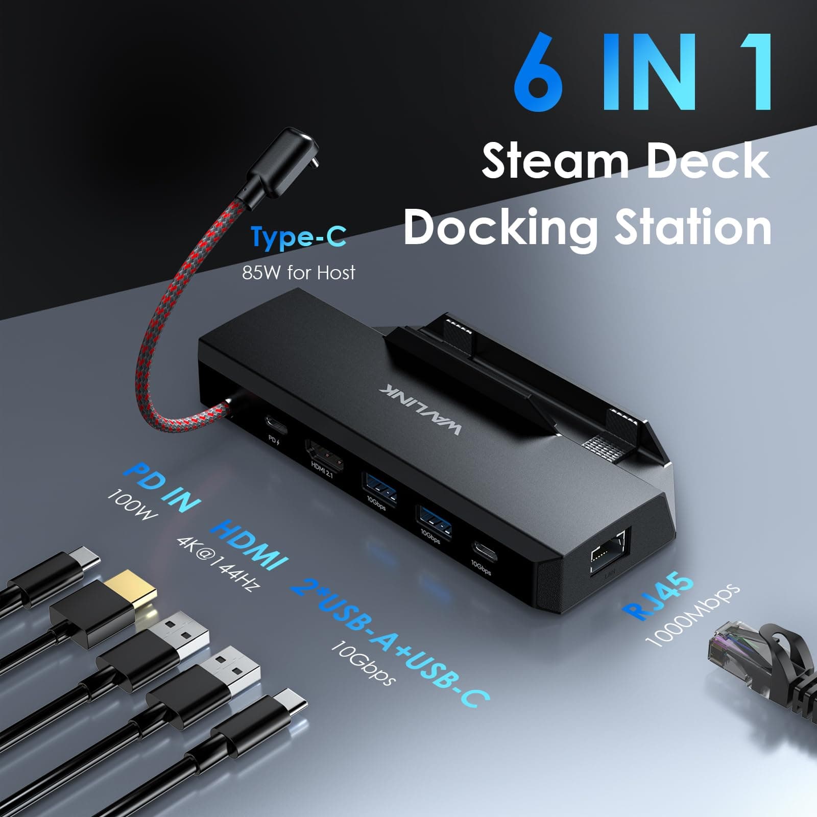 WAVLINK 6-in-1 Steam Deck Docking Station ROG Ally 4K HDMI 144Hz 100W PD USB 3.2 - Thumbnail 2