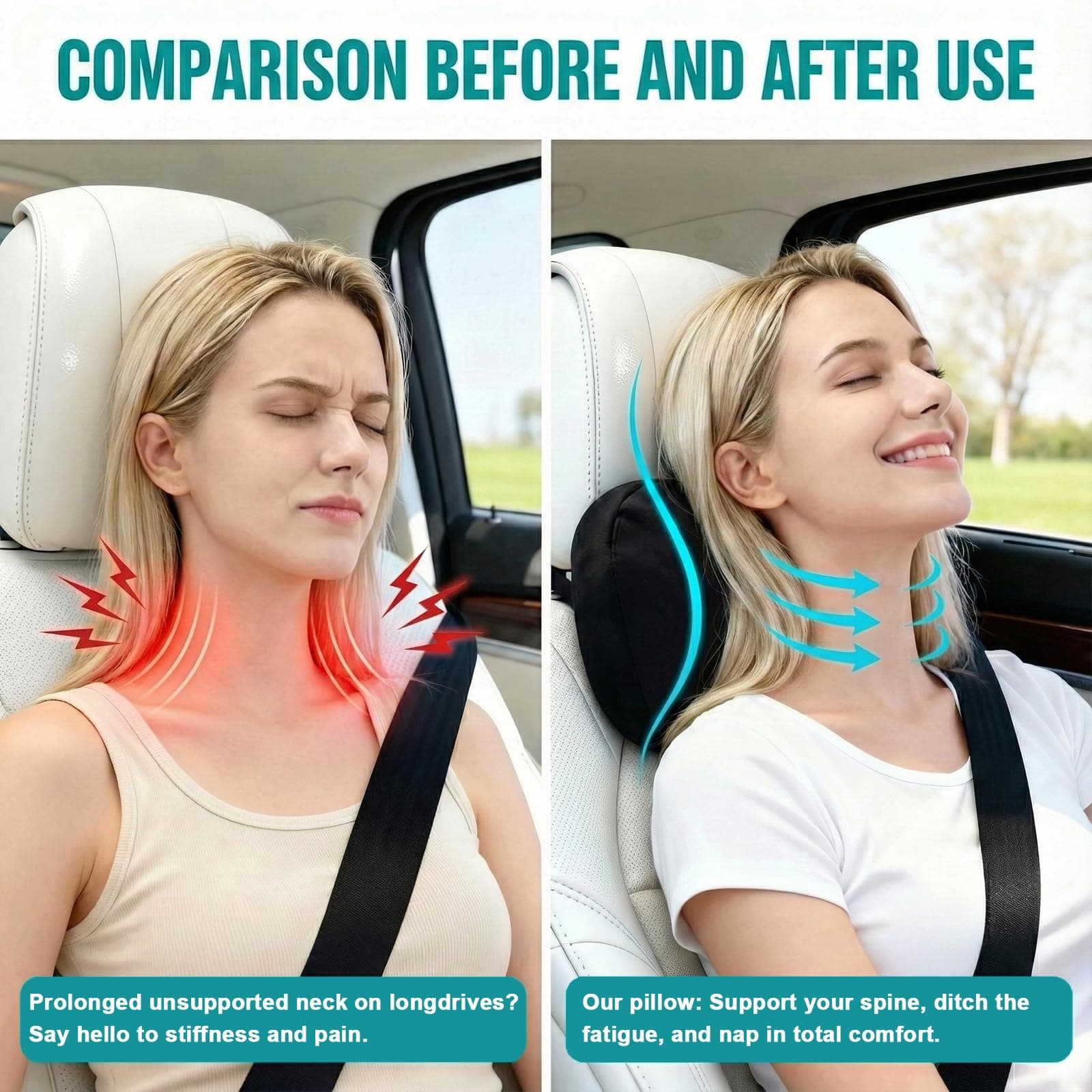 WELBRIT 2PCS Car Pillow Neck Lumbar Support Leather Cushion Head Rest Elastic St - Thumbnail 6