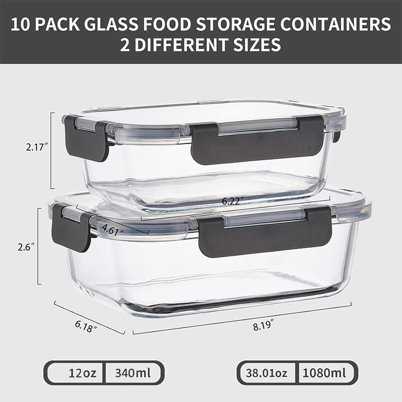 Wancilock 10 Pack Glass Meal Prep Containers with Lids, Reusable Airtight Leakpr - Thumbnail 2