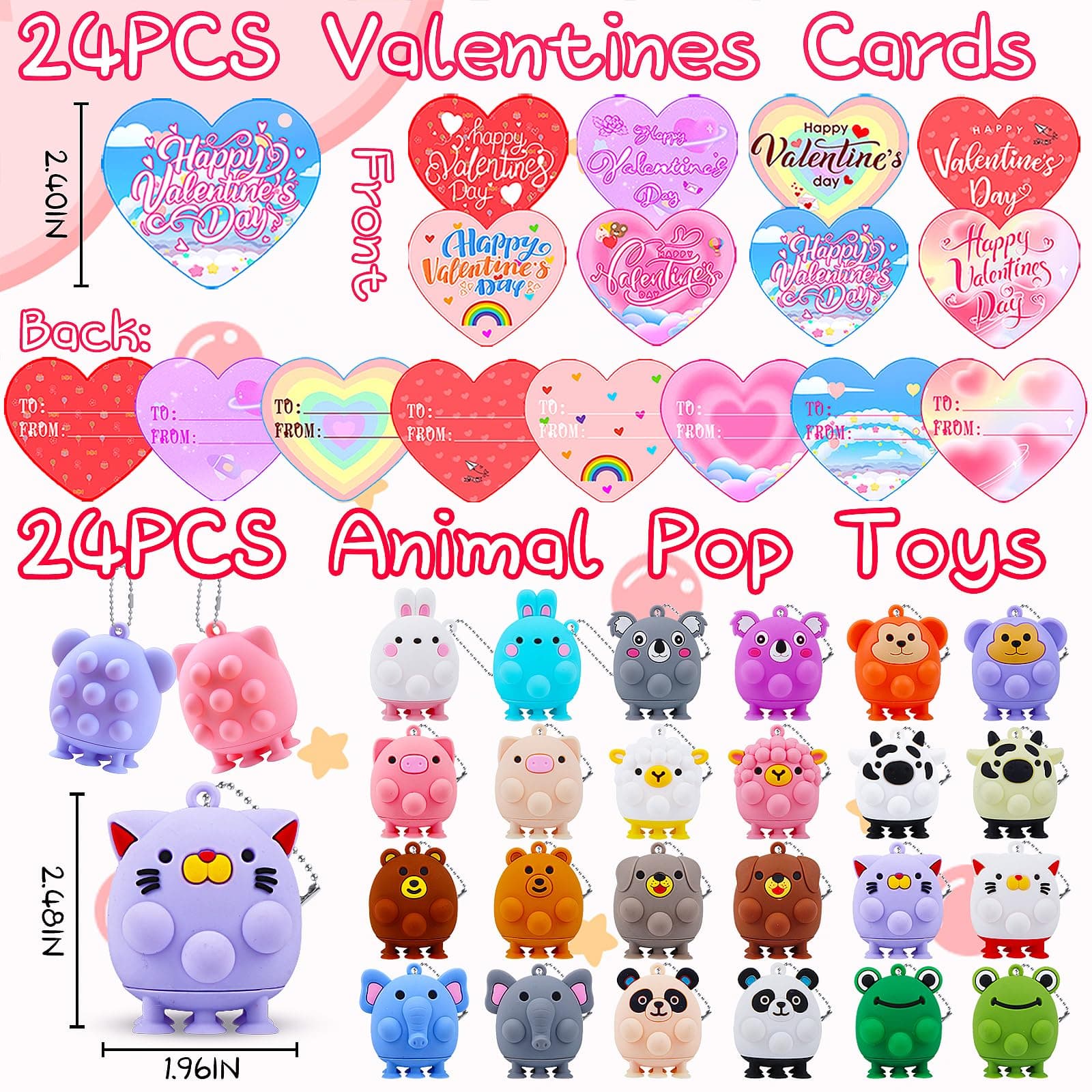 Valentines Day Cards for Kids School , 24PCS Animal Pop Suction Toys with Valent - Thumbnail 2