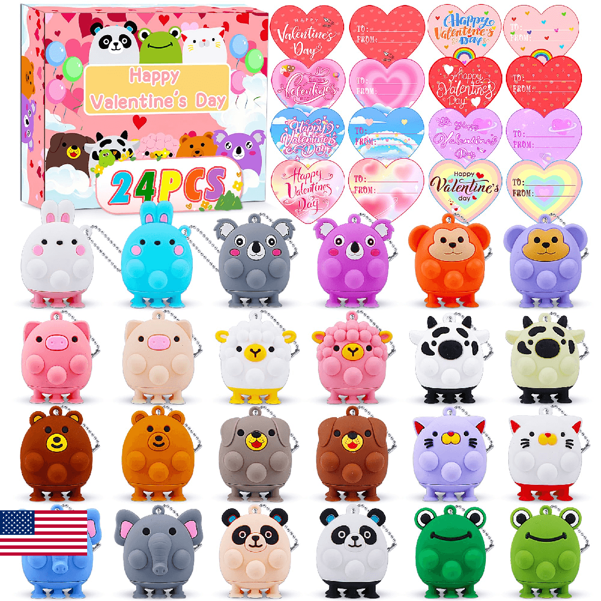 Valentines Day Cards for Kids School , 24PCS Animal Pop Suction Toys with Valent - Image 1