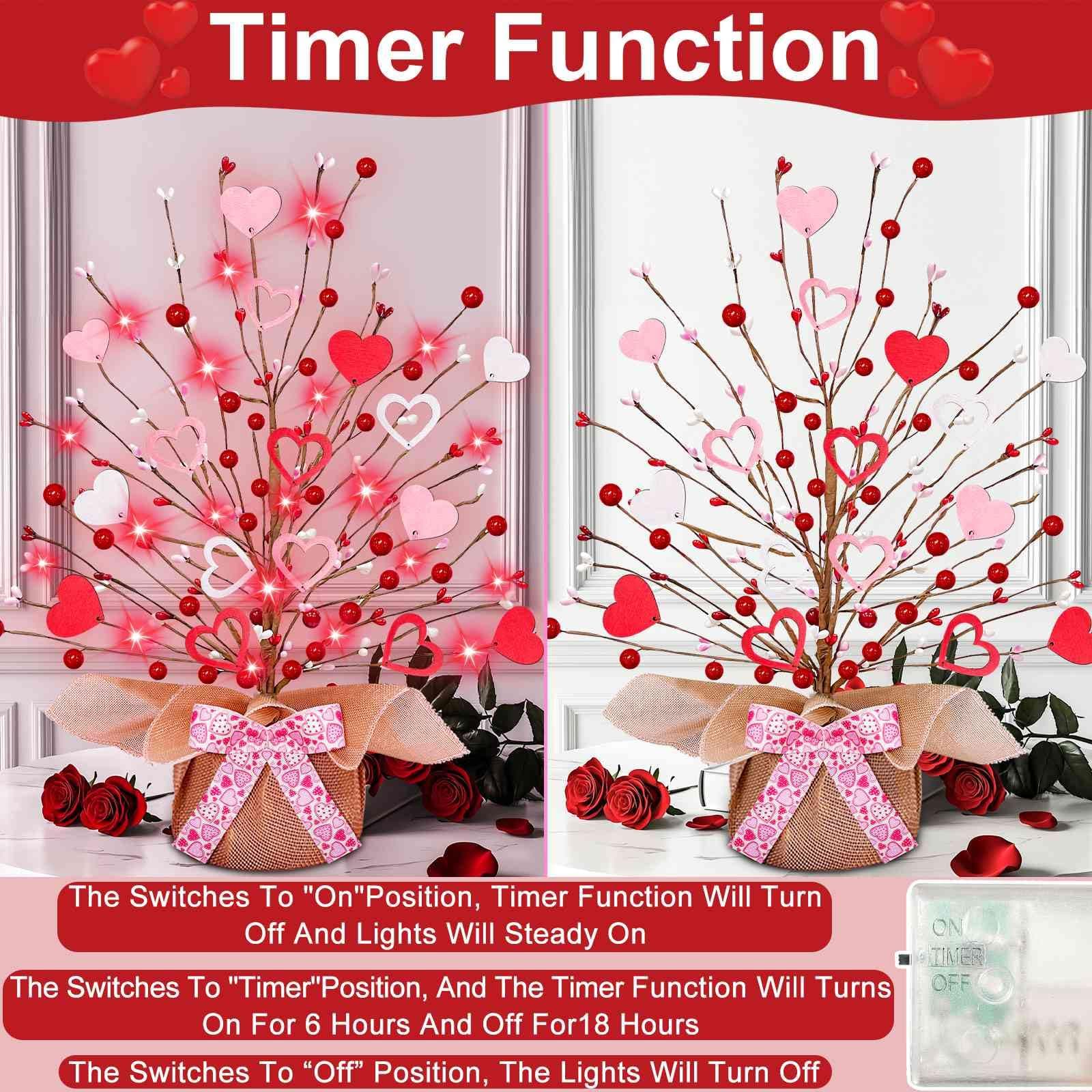 Valentine's Day Tree Tabletop Decorations with 20 Red Lights, Timer, Battery Ope - Thumbnail 3