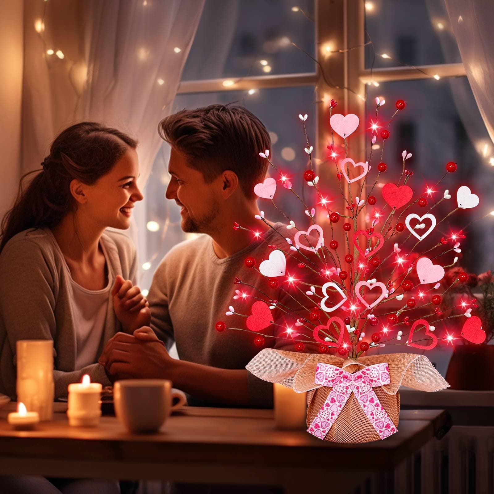 Valentine's Day Tree Tabletop Decorations with 20 Red Lights, Timer, Battery Ope - Thumbnail 6