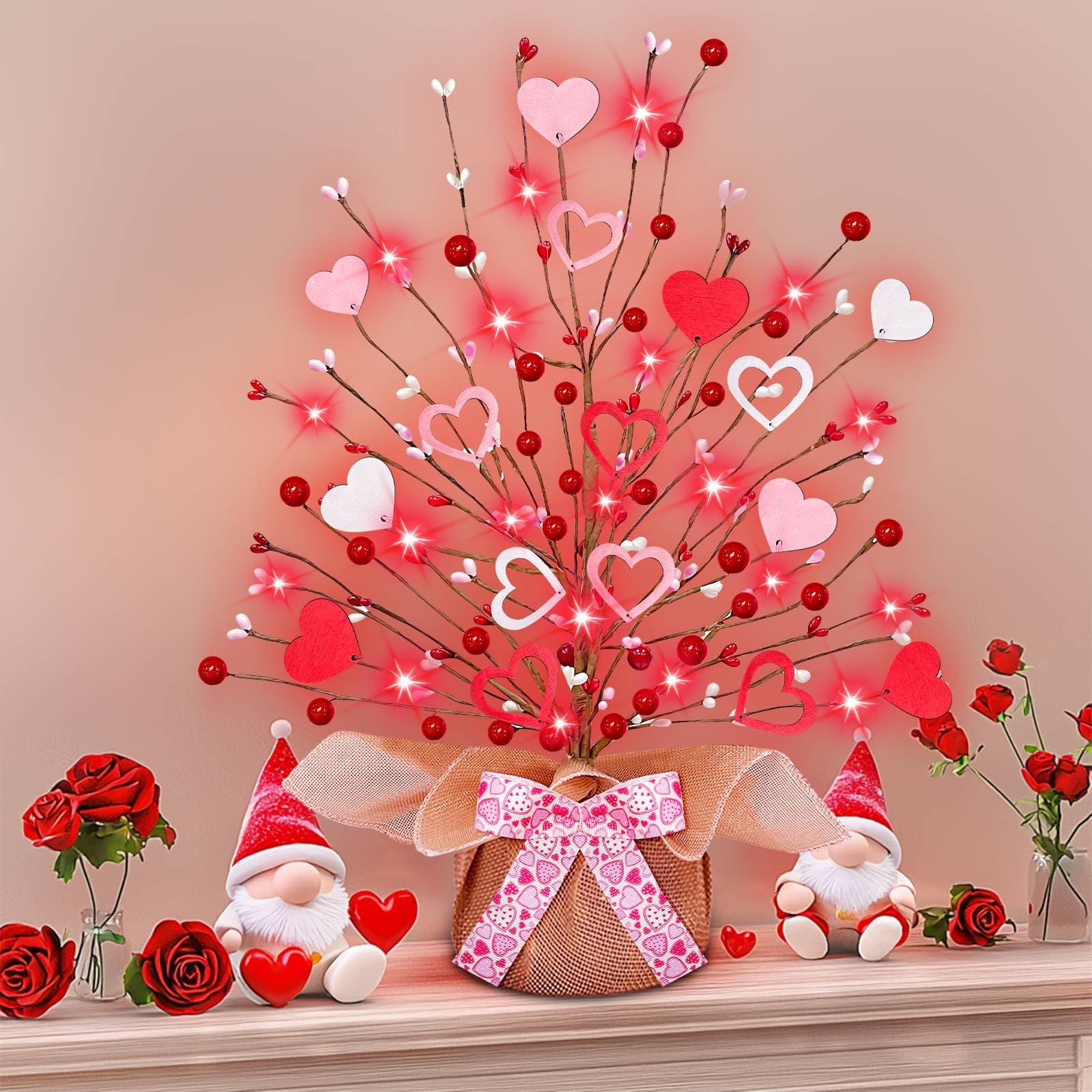 Valentine's Day Tree Tabletop Decorations with 20 Red Lights, Timer, Battery Ope - Thumbnail 5