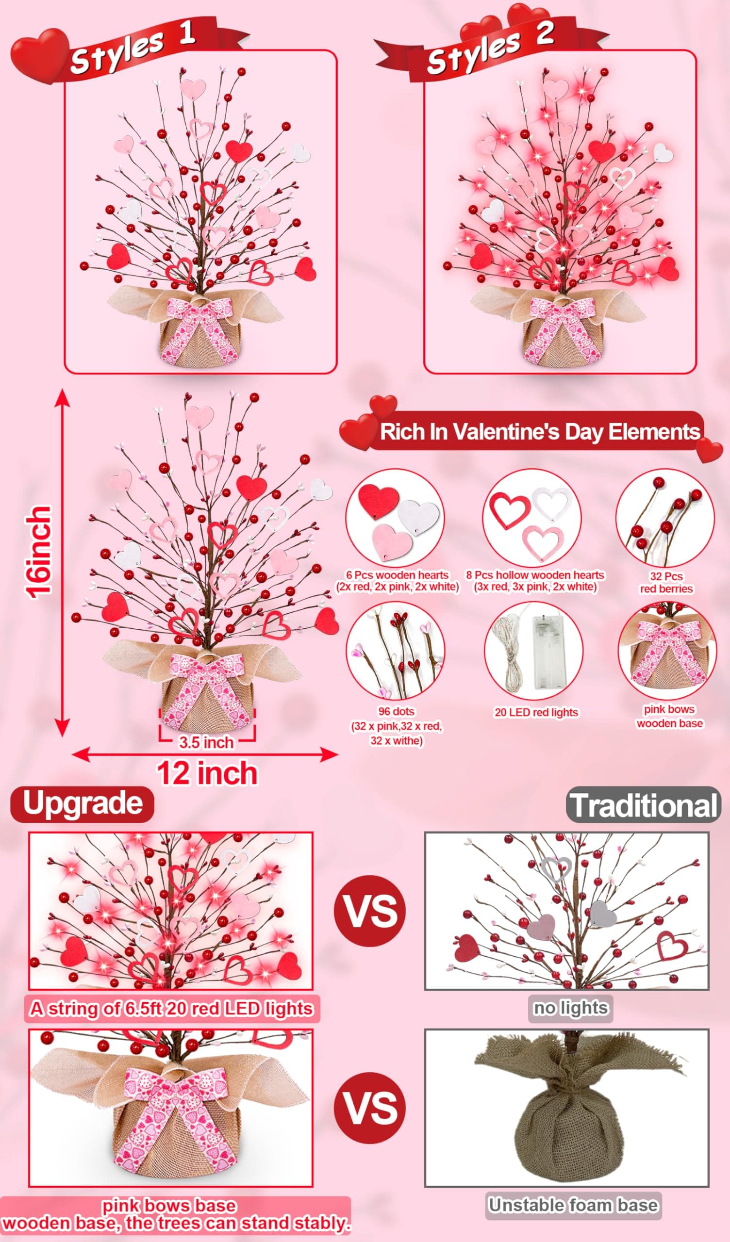 Valentine's Day Tree Tabletop Decorations with 20 Red Lights, Timer, Battery Ope - Thumbnail 2