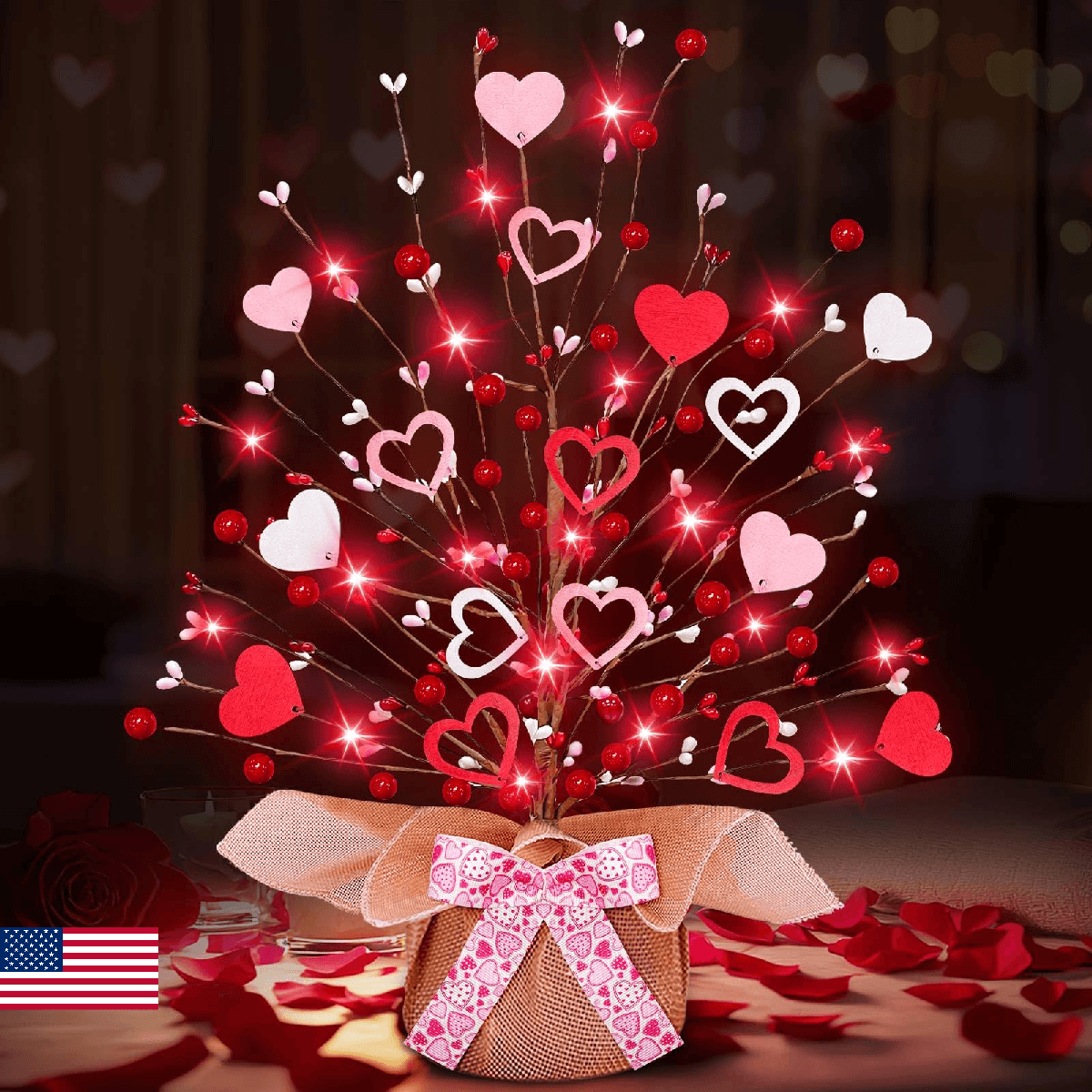 Valentine's Day Tree Tabletop Decorations with 20 Red Lights, Timer, Battery Ope - Image 1