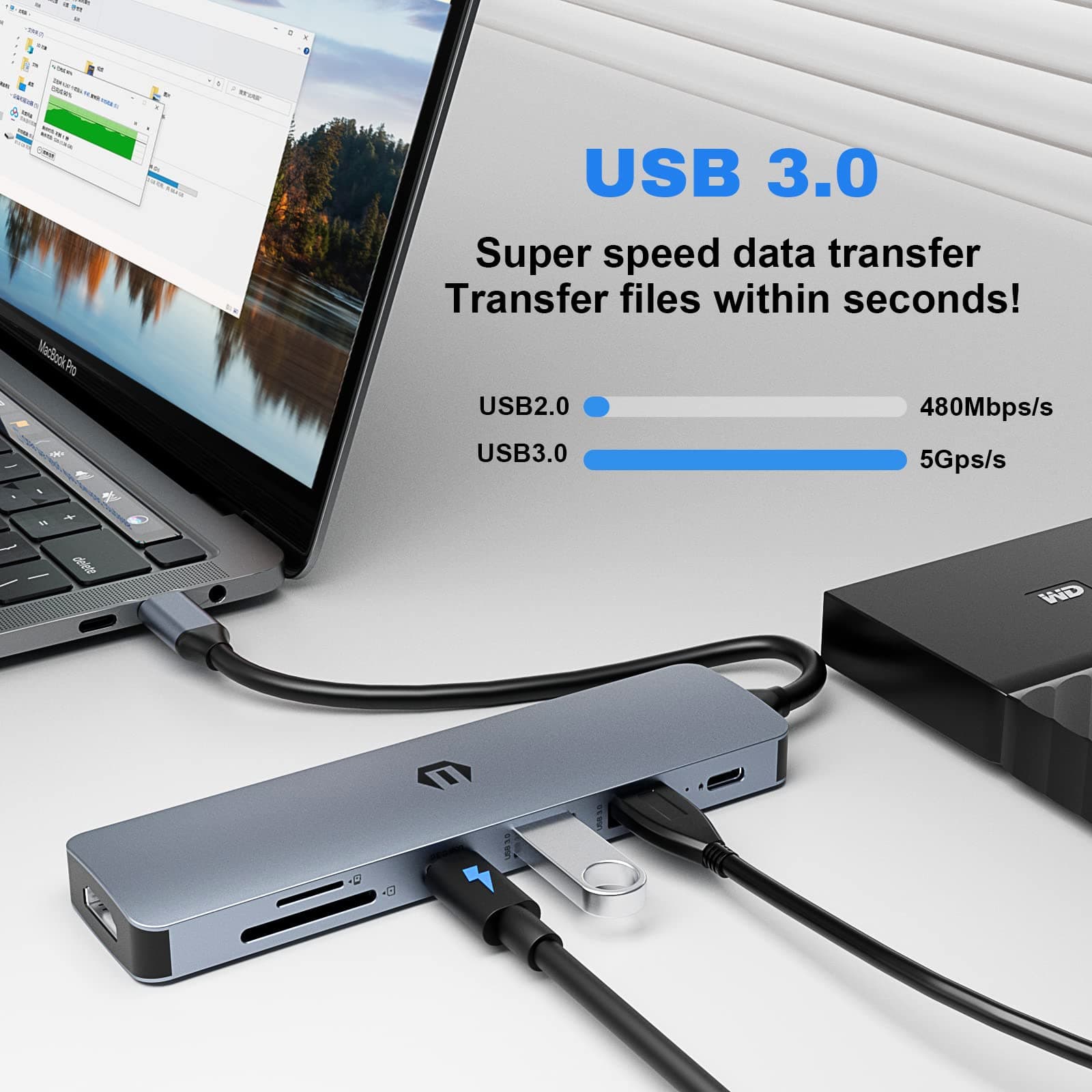 TOTU USB C Hub, 7 in 1 USB C Dock with 4K HDMI, 2 USB 3.0, USB C 3.0, 100W Type - Thumbnail 5